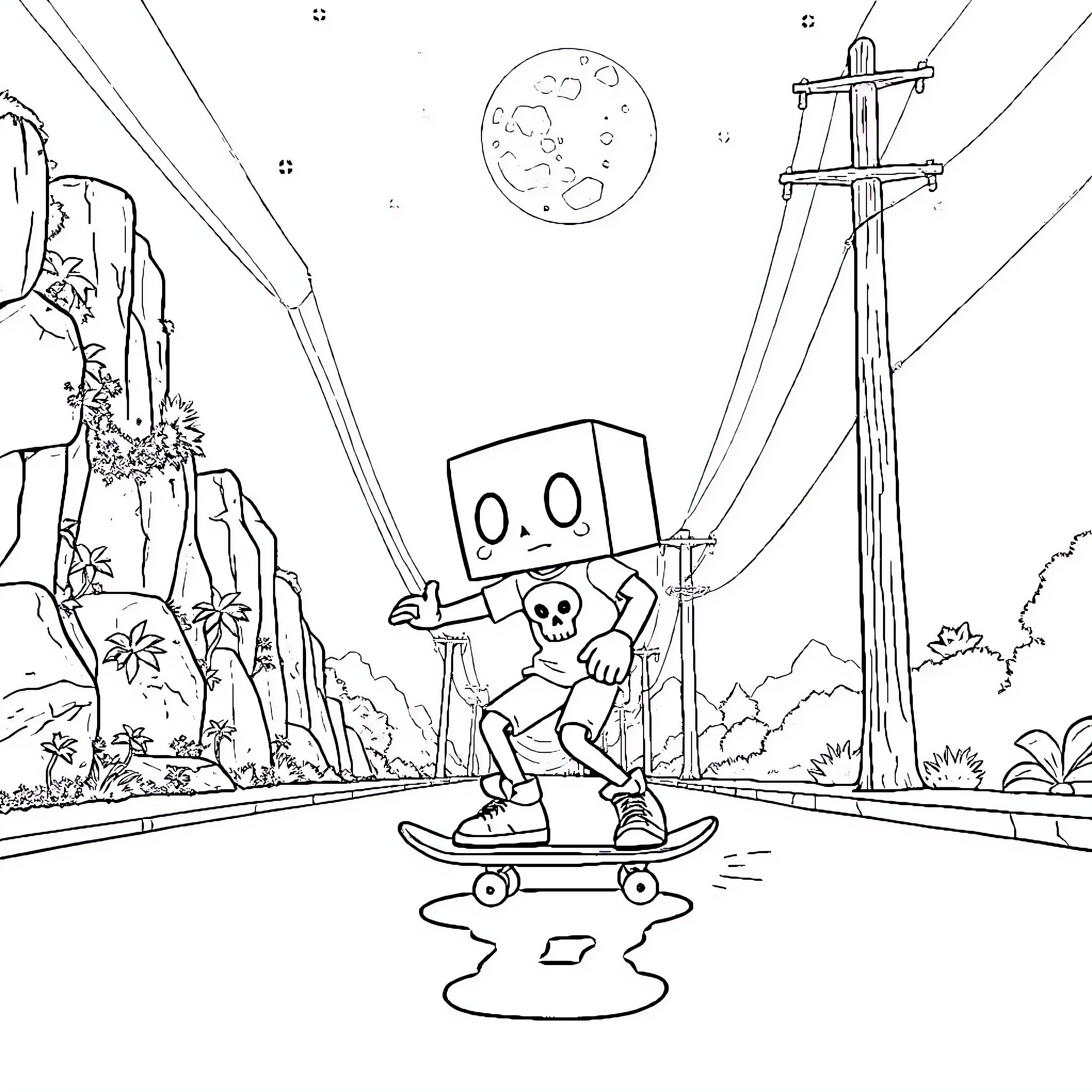 Box-Headed Character Skateboarding Through Surreal Landscape Coloring Page (free black-and-white line drawing printable PDF for all, from beginners to advanced learners, including children, teens, adults, and seniors)