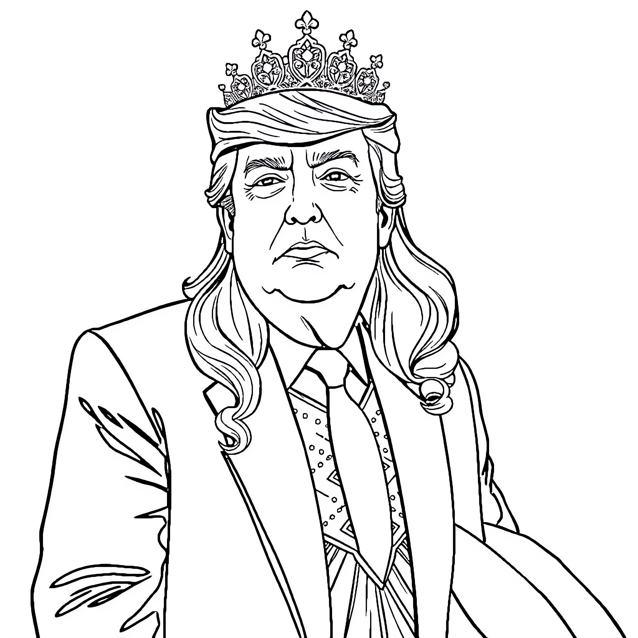 Trump wearing crown and suit with serious expression Coloring Page (free black-and-white line drawing printable PDF for all, from beginners to advanced learners, including children, teens, adults, and seniors)