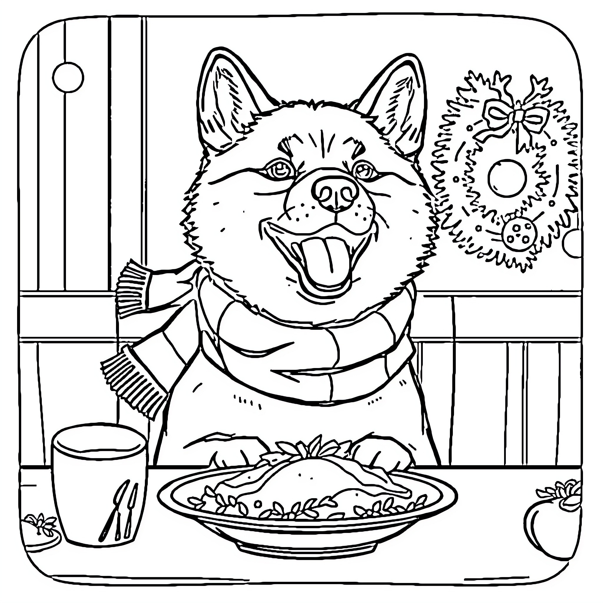 Shiba Inu happily enjoying a meal Coloring Page (free black-and-white line drawing printable PDF for all, from beginners to advanced learners, including children, teens, adults, and seniors)