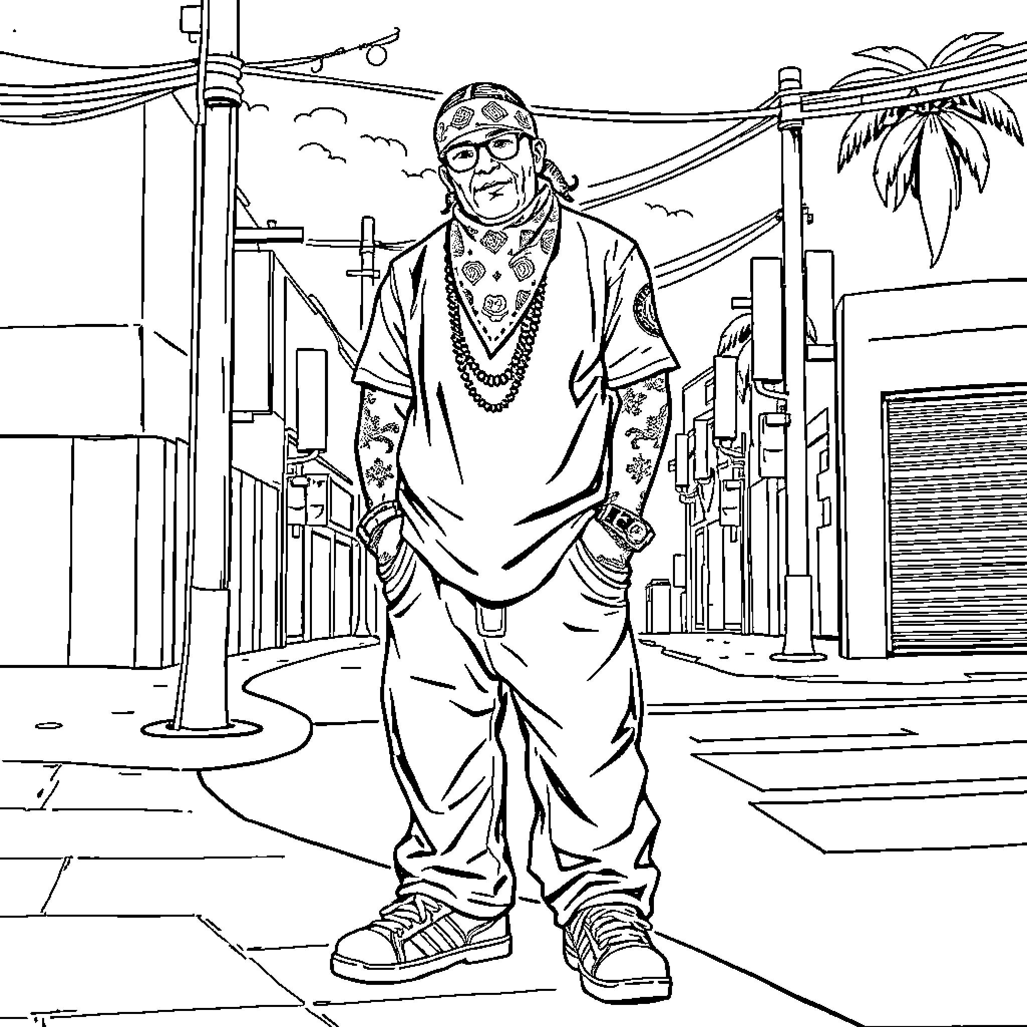 Gangster in stylish attire walking through urban landscape Coloring Page (free black-and-white line drawing printable PDF for all, from beginners to advanced learners, including children, teens, adults, and seniors)