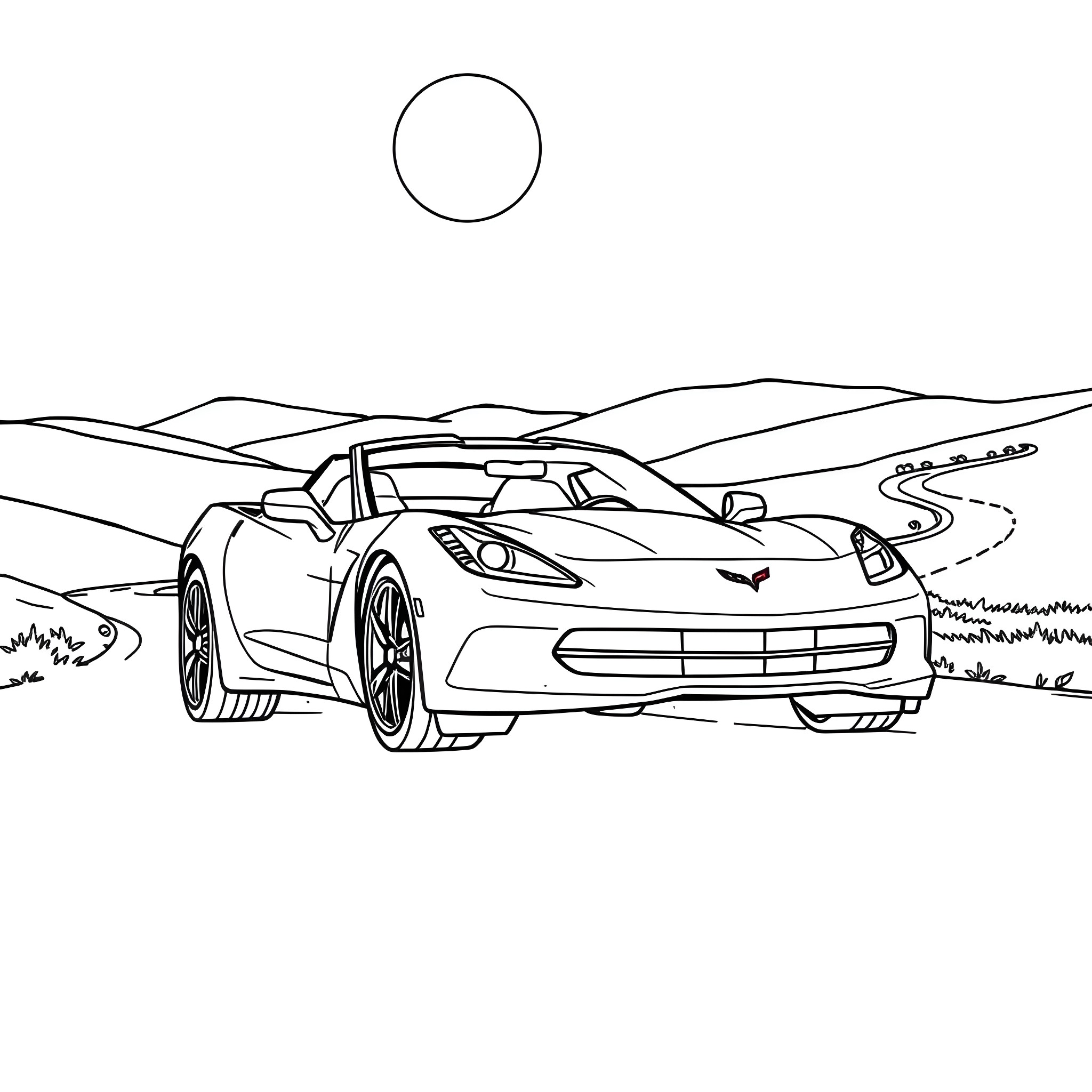 Chevy Corvette sports car on winding road Coloring Page (free black-and-white line drawing printable PDF for all, from beginners to advanced learners, including children, teens, adults, and seniors)
