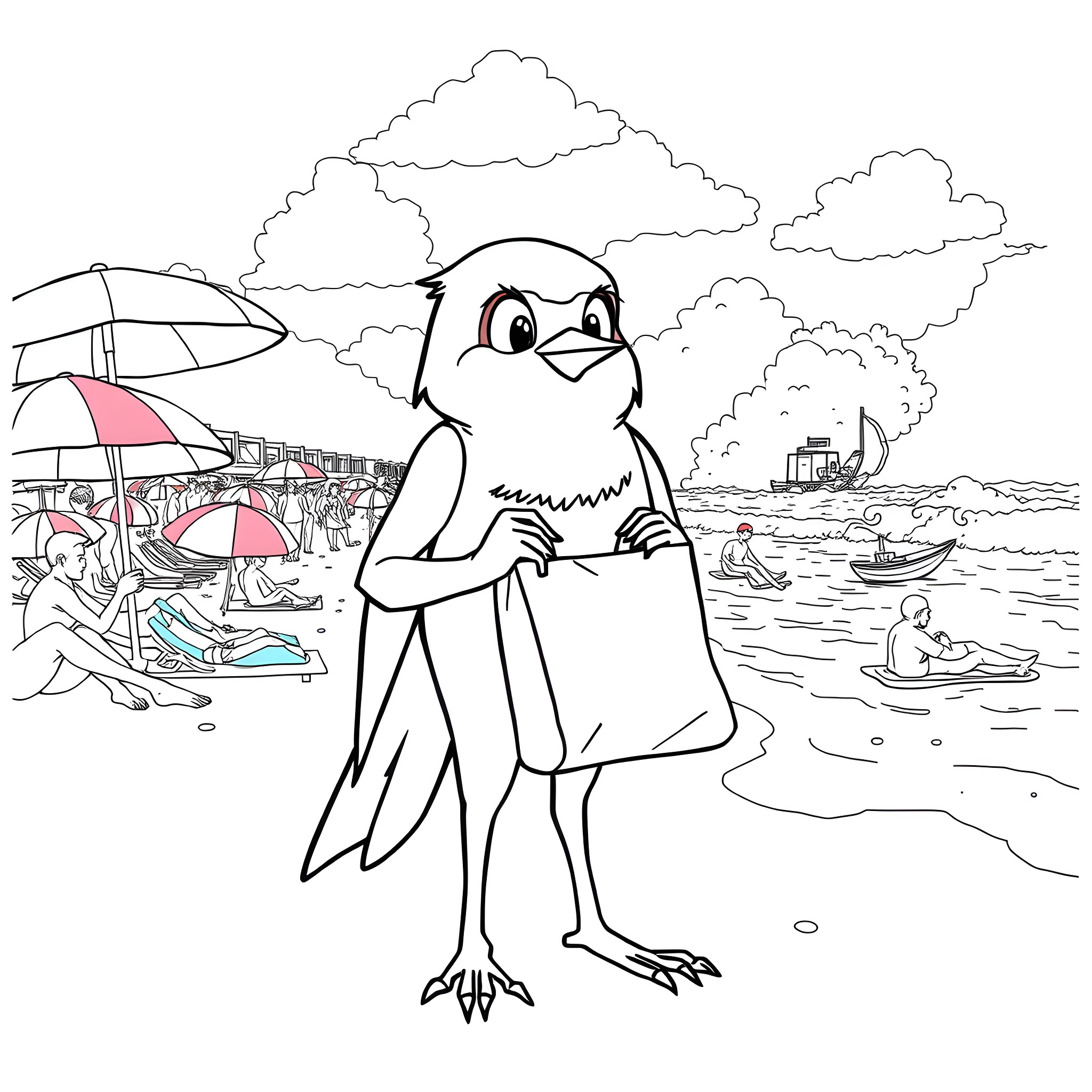 Robin's Beachside Adventure Coloring Page (free black-and-white line drawing printable PDF for all, from beginners to advanced learners, including children, teens, adults, and seniors)