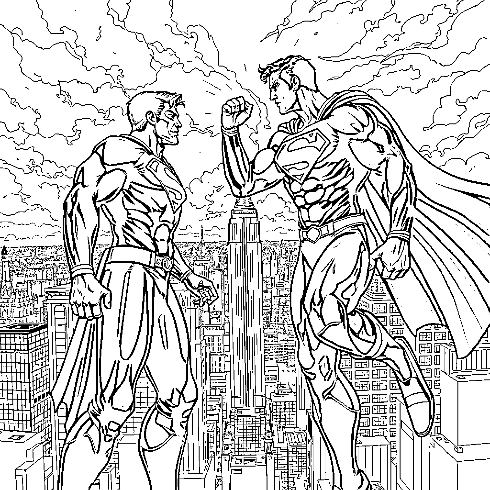 Homelander confronting a heroic figure in the city Coloring Page (free black-and-white line drawing printable PDF for all, from beginners to advanced learners, including children, teens, adults, and seniors)