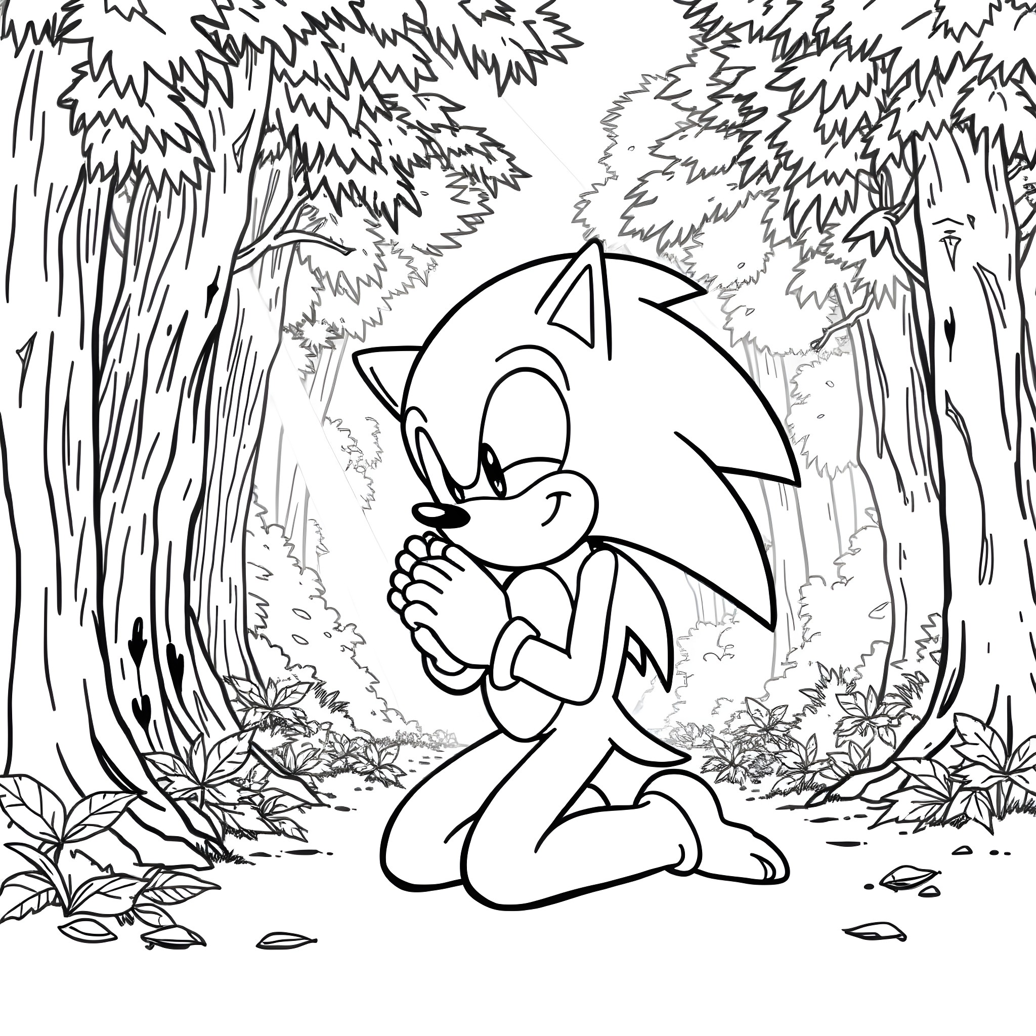 Sonic the Hedgehog exploring the forest Coloring Page (free black-and-white line drawing printable PDF for all, from beginners to advanced learners, including children, teens, adults, and seniors)