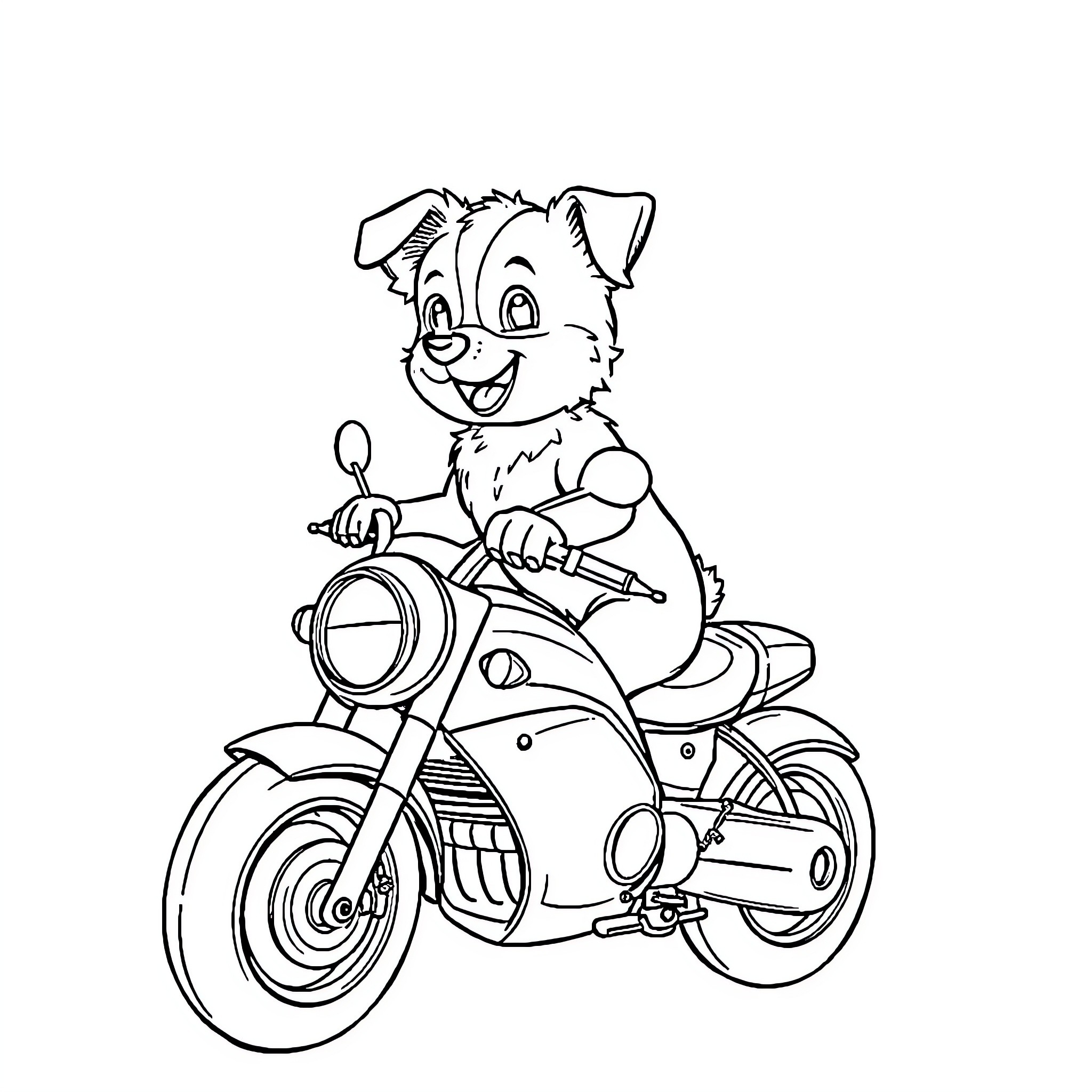 Hund riding happily on motorcycle Coloring Page (free black-and-white line drawing printable PDF for all, from beginners to advanced learners, including children, teens, adults, and seniors)