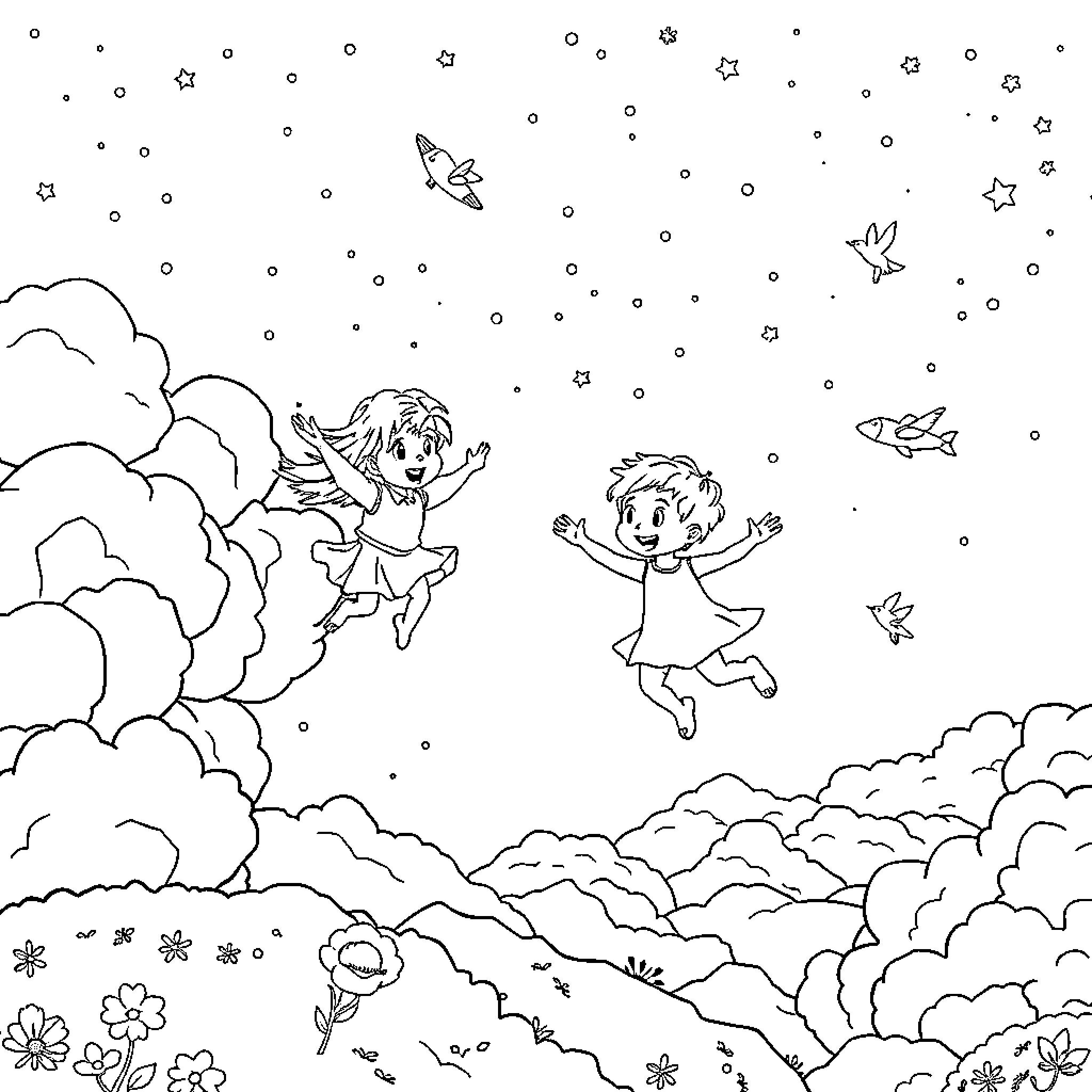 Niños jugando felizmente entre nubes y estrellas Coloring Page (free black-and-white line drawing printable PDF for all, from beginners to advanced learners, including children, teens, adults, and seniors)