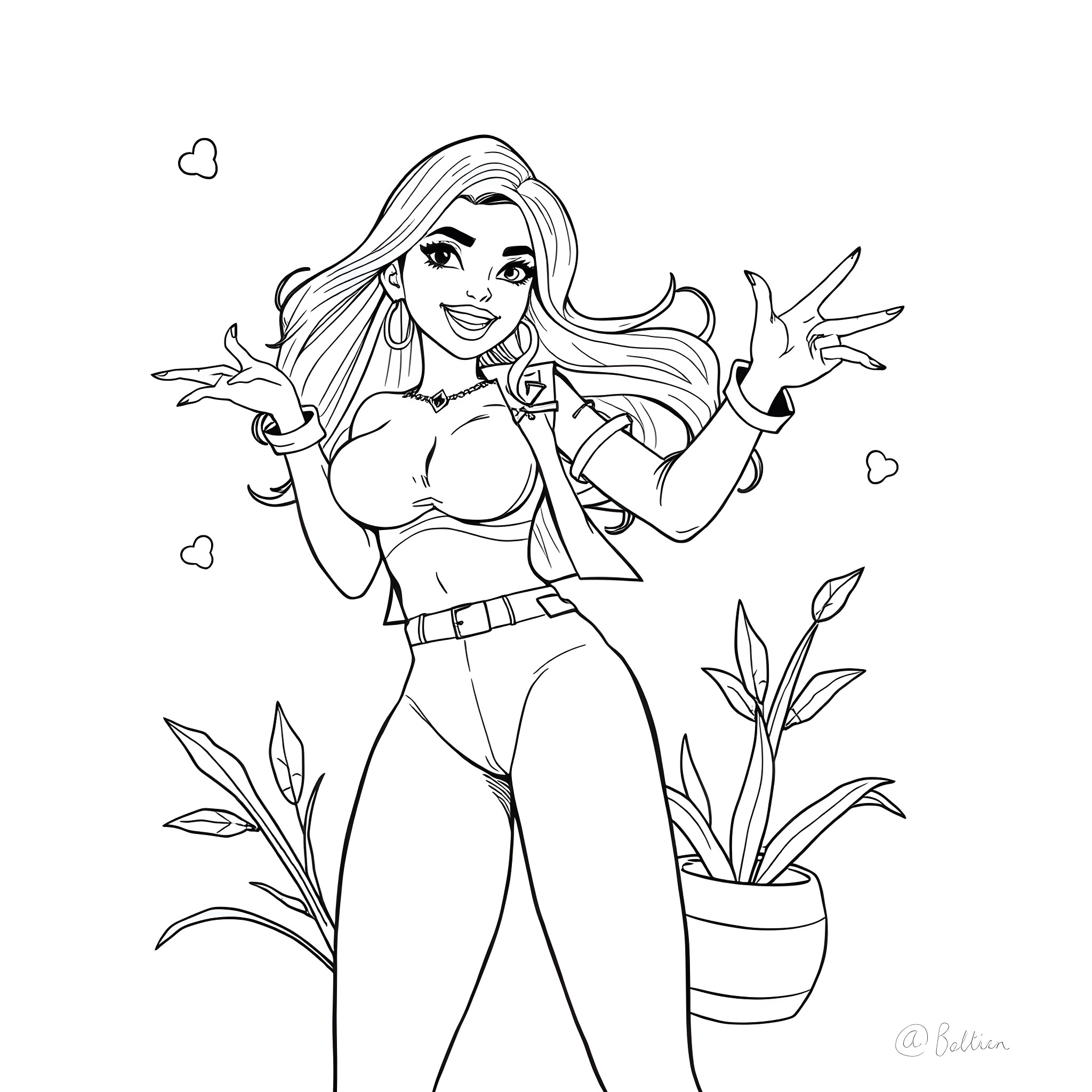 Woman in casual outfit expressing joy Coloring Page (free black-and-white line drawing printable PDF for all, from beginners to advanced learners, including children, teens, adults, and seniors)