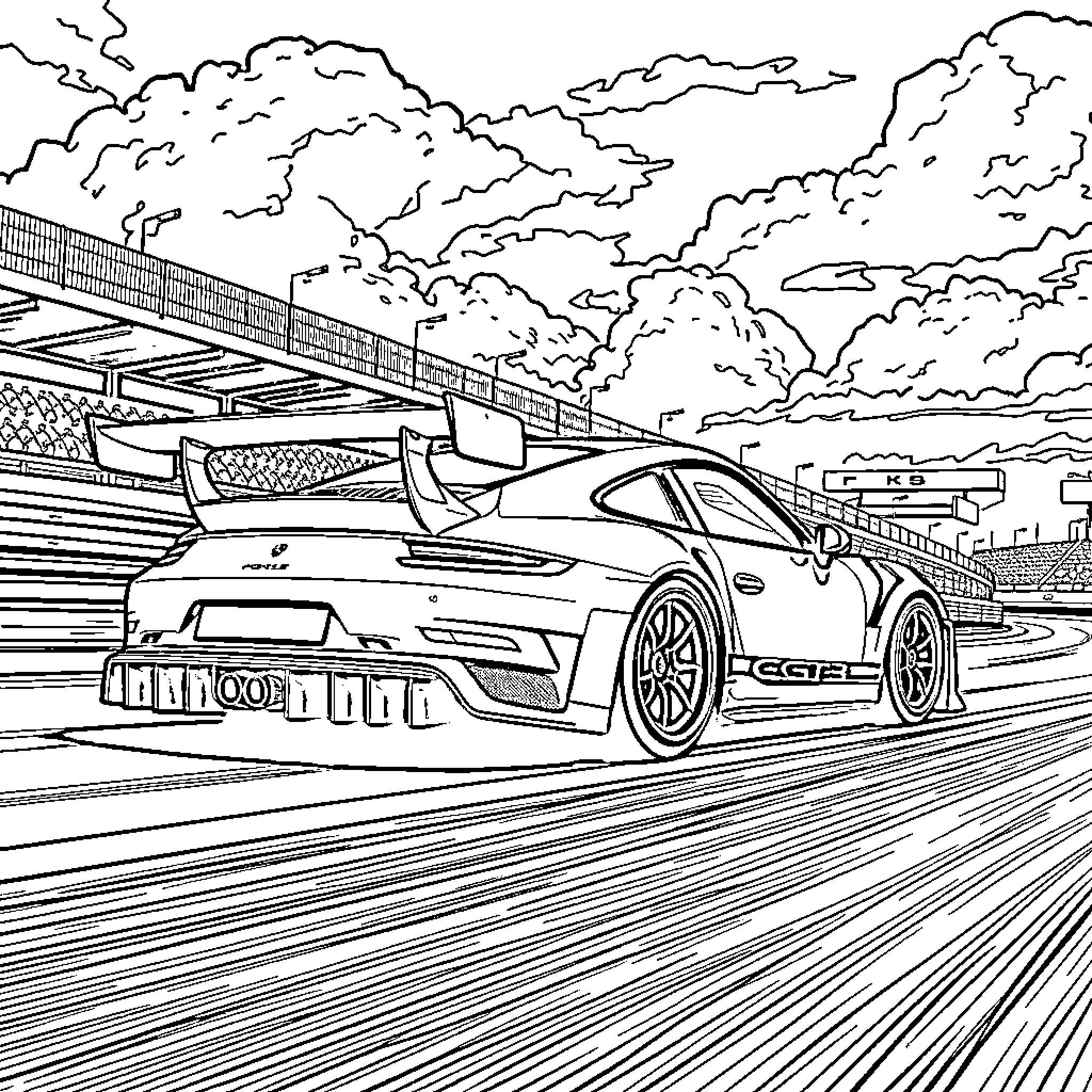 Porsche racing on a winding track under cloudy skies Coloring Page (free black-and-white line drawing printable PDF for all, from beginners to advanced learners, including children, teens, adults, and seniors)