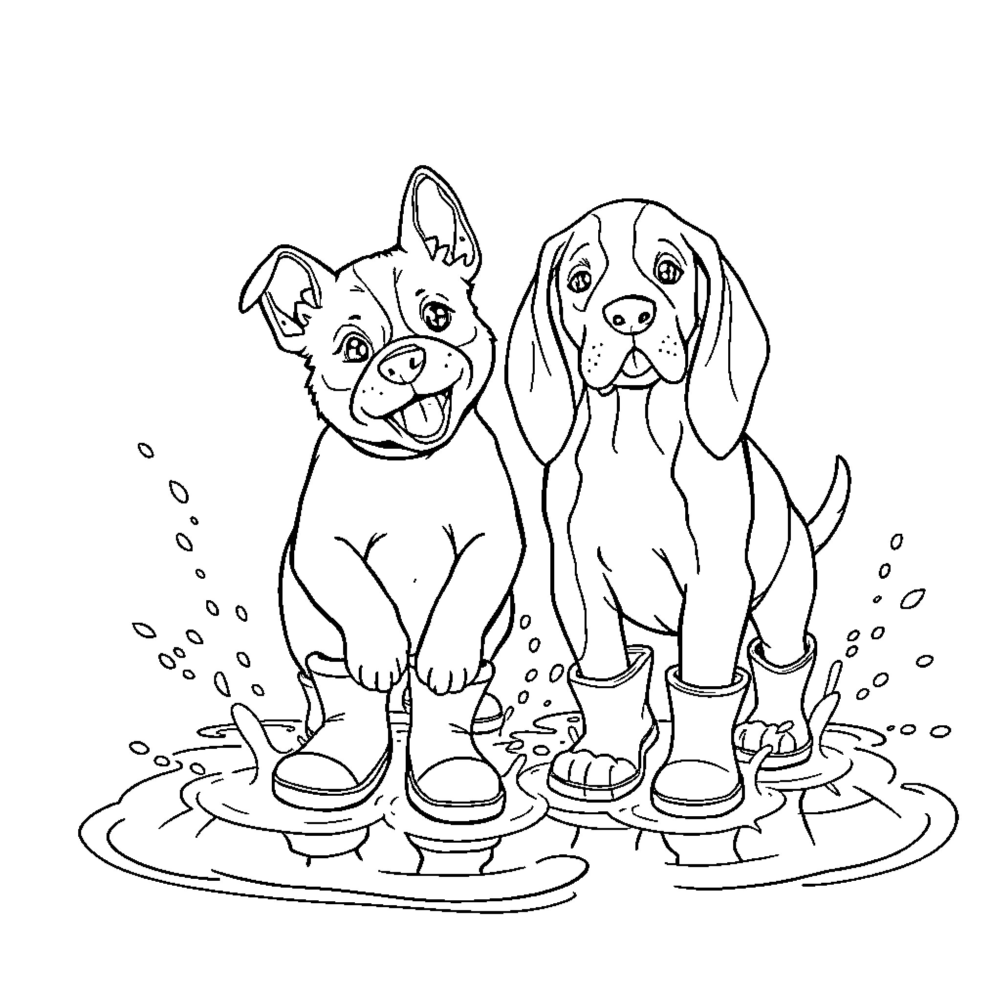 Puppy companions exploring puddles playfully Coloring Page (free black-and-white line drawing printable PDF for all, from beginners to advanced learners, including children, teens, adults, and seniors)