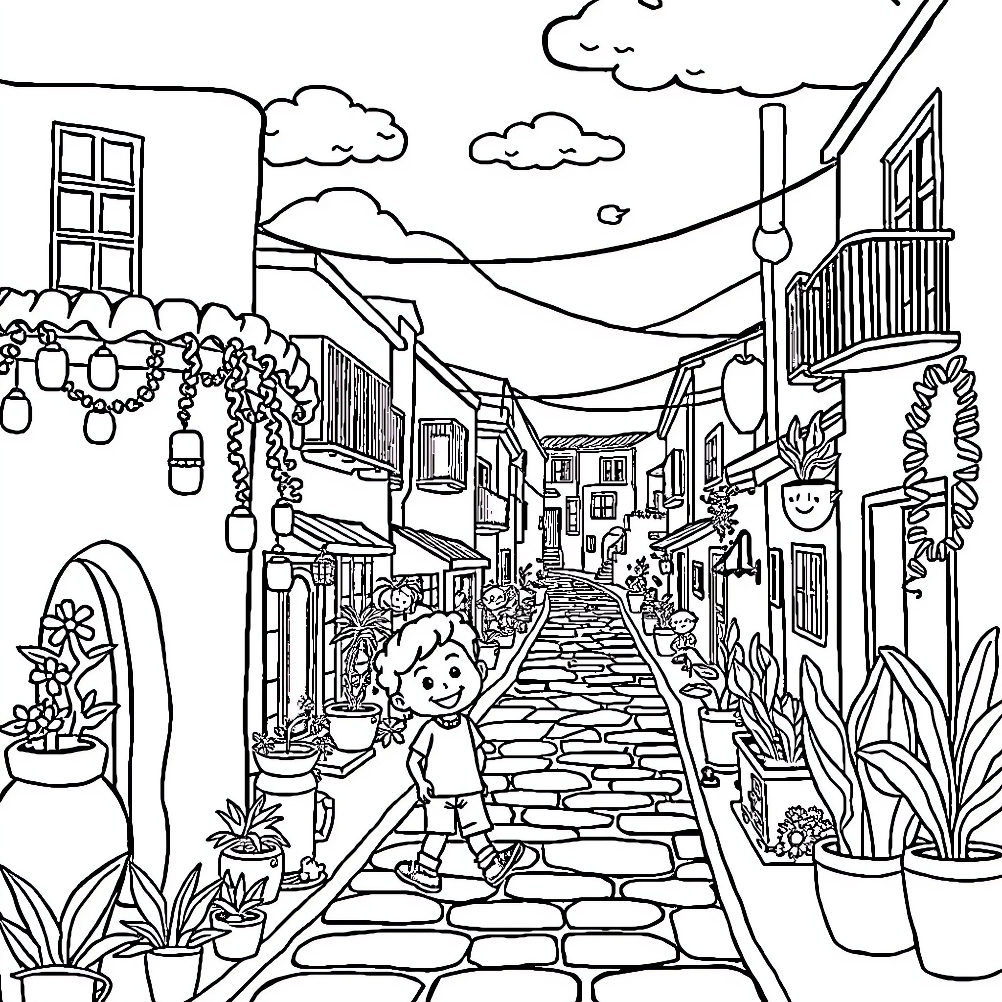 Sesame Street - Children exploring a cozy village Coloring Page (free black-and-white line drawing printable PDF for all, from beginners to advanced learners, including children, teens, adults, and seniors)