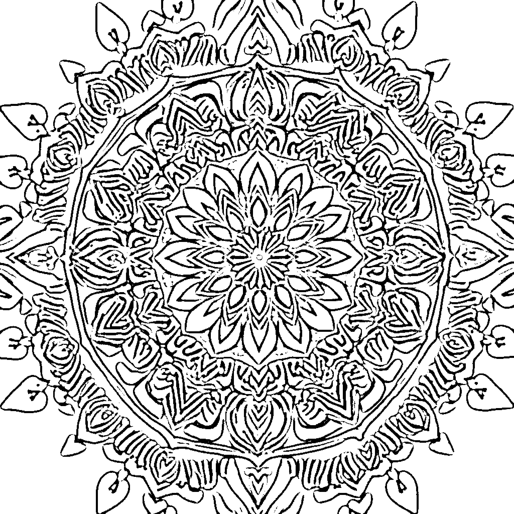Mandala with intricate floral patterns and shapes Coloring Page (free black-and-white line drawing printable PDF for all, from beginners to advanced learners, including children, teens, adults, and seniors)