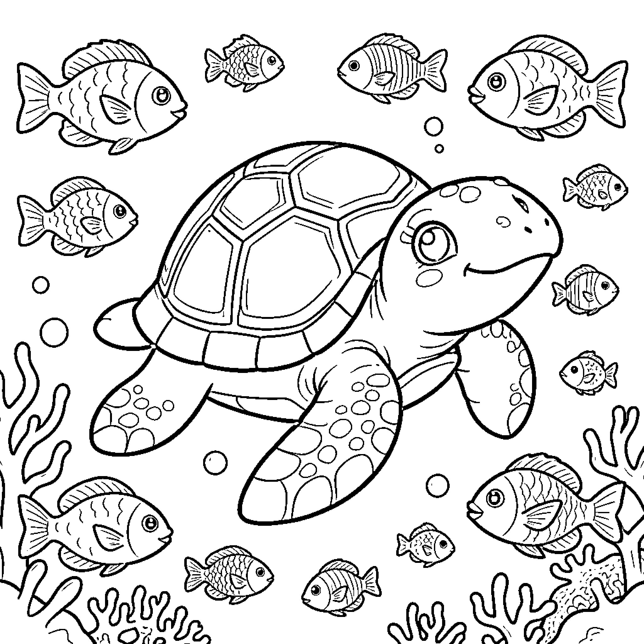 Turtle swimming with colorful fish in the underwater scene Coloring Page (free black-and-white line drawing printable PDF for all, from beginners to advanced learners, including children, teens, adults, and seniors)