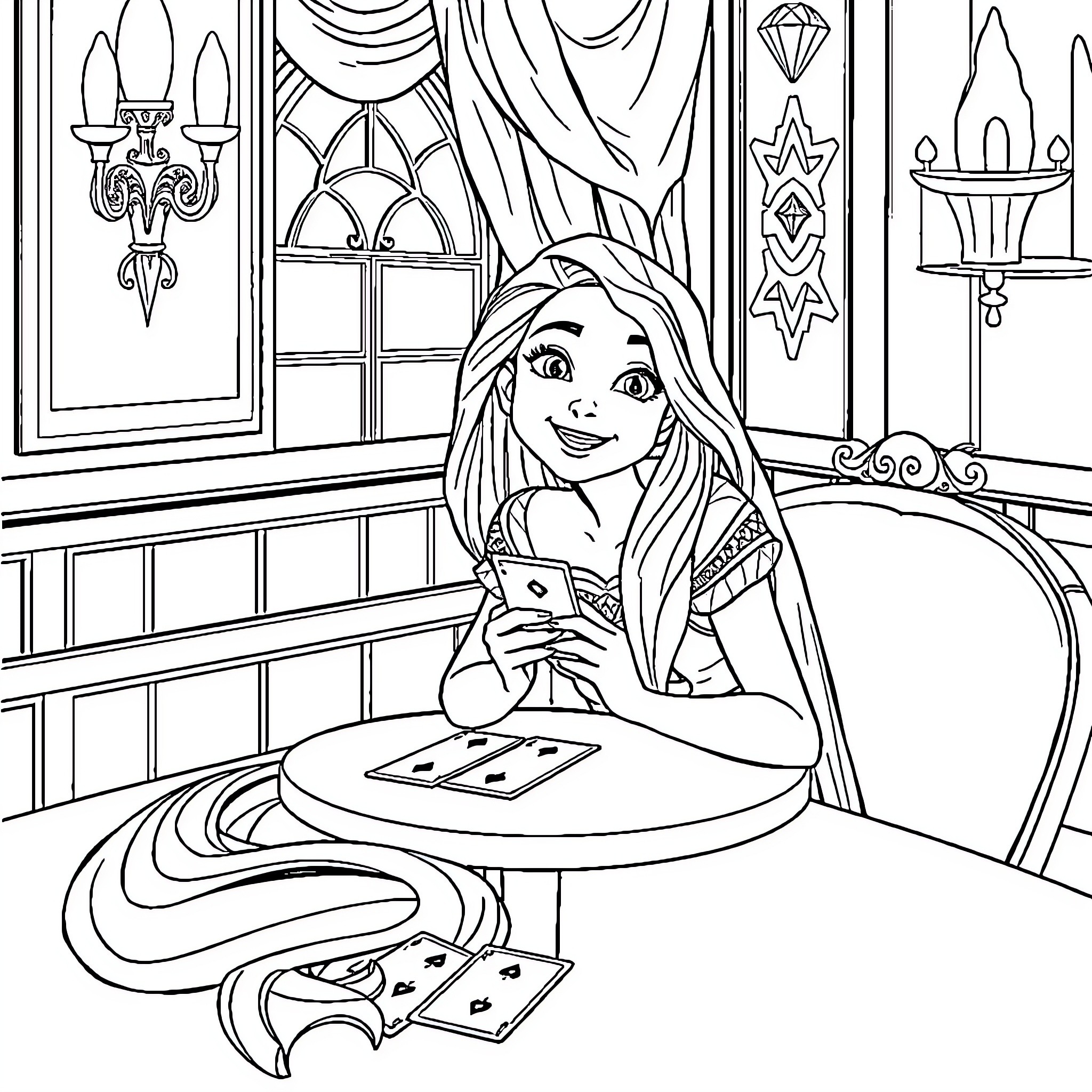 Rapunzel playing cards in a castle chamber Coloring Page (free black-and-white line drawing printable PDF for all, from beginners to advanced learners, including children, teens, adults, and seniors)