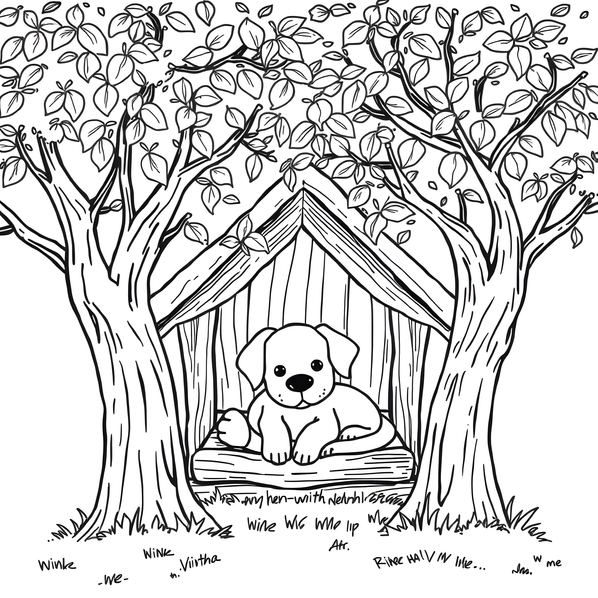 Dog resting peacefully in a cozy doghouse Coloring Page (free black-and-white line drawing printable PDF for all, from beginners to advanced learners, including children, teens, adults, and seniors)