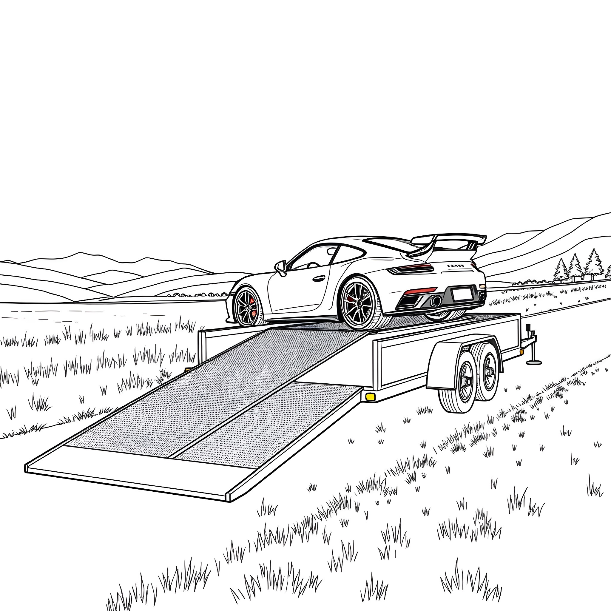 Car Trailer Transporting Sports Car on Mountain Road Coloring Page (free black-and-white line drawing printable PDF for all, from beginners to advanced learners, including children, teens, adults, and seniors)