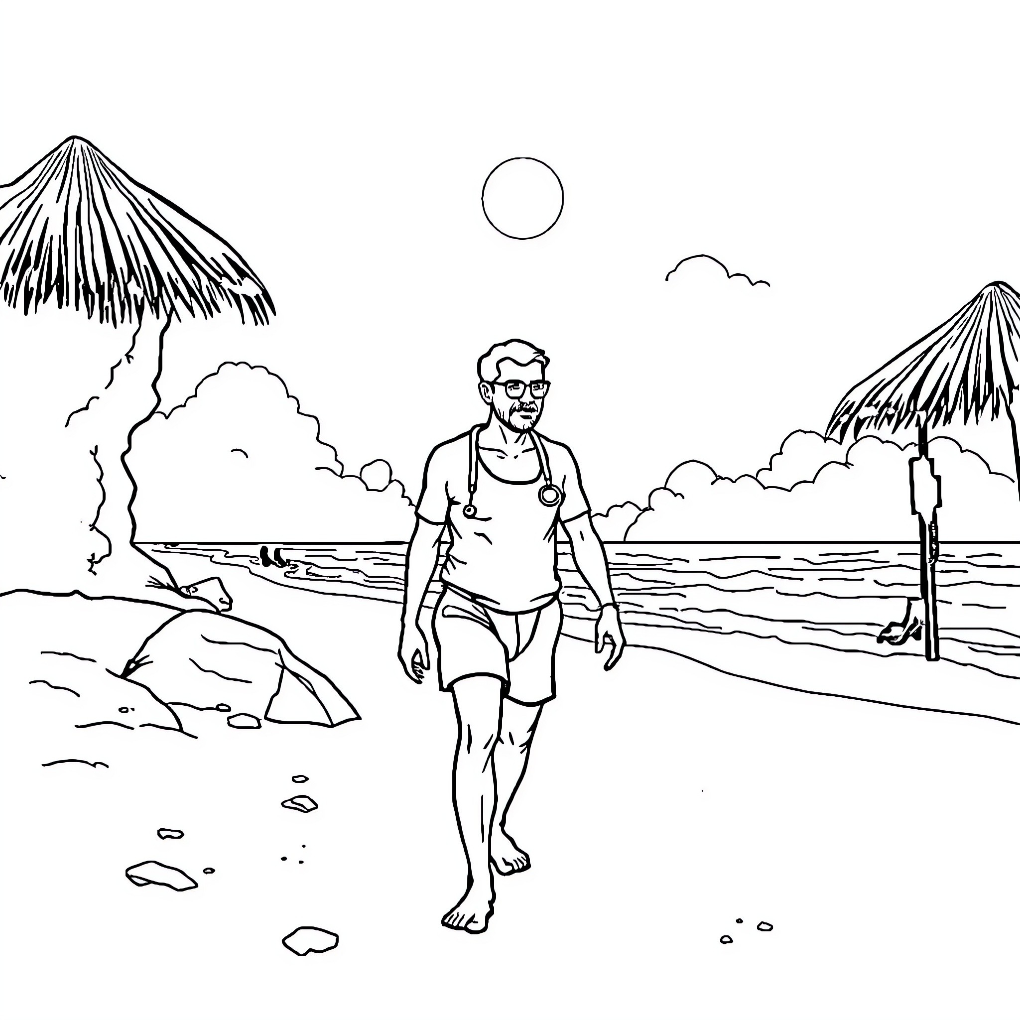 Doctor Strolling on the Beach Coloring Page (free black-and-white line drawing printable PDF for all, from beginners to advanced learners, including children, teens, adults, and seniors)
