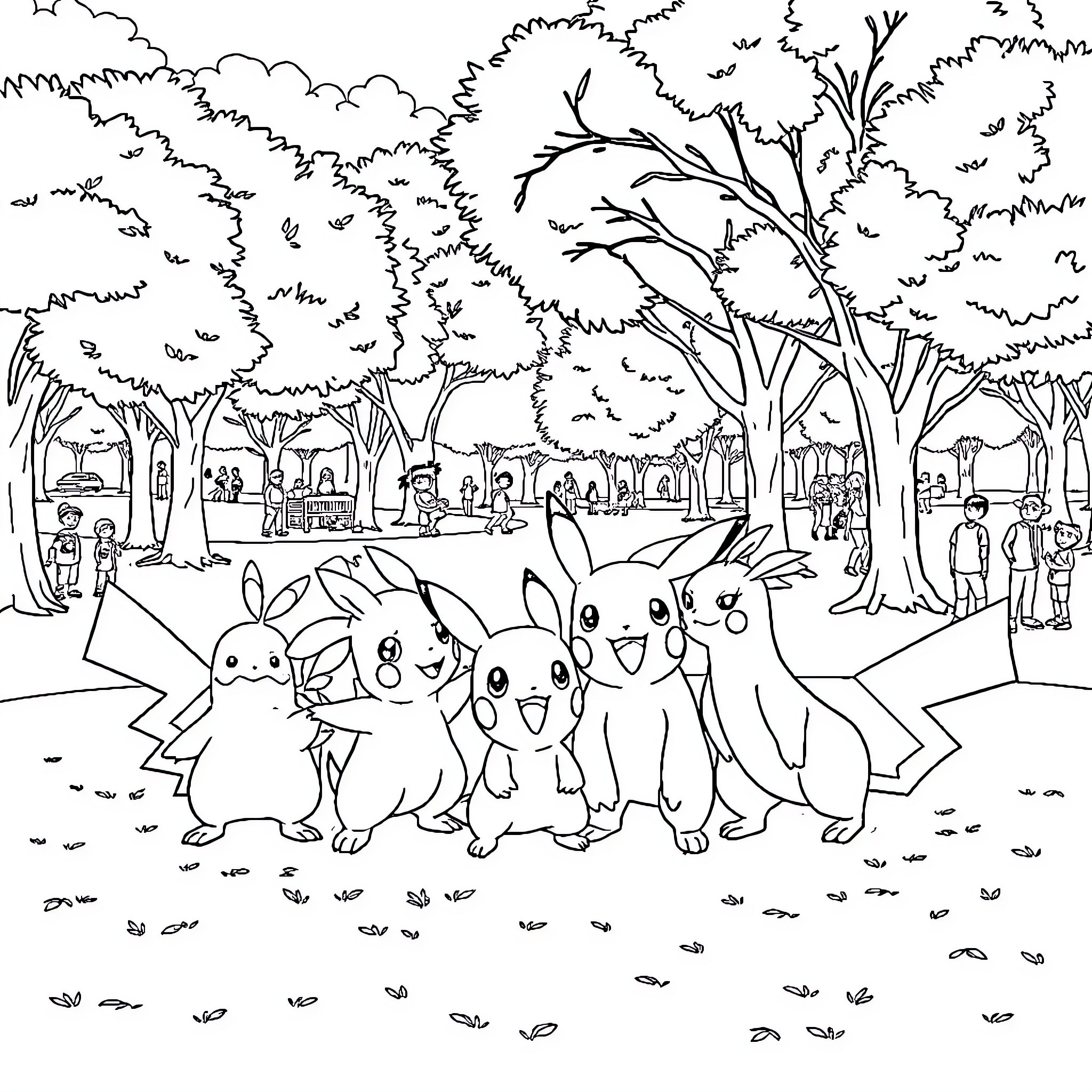 Pokémon group gathering in a forest scene Coloring Page (free black-and-white line drawing printable PDF for all, from beginners to advanced learners, including children, teens, adults, and seniors)