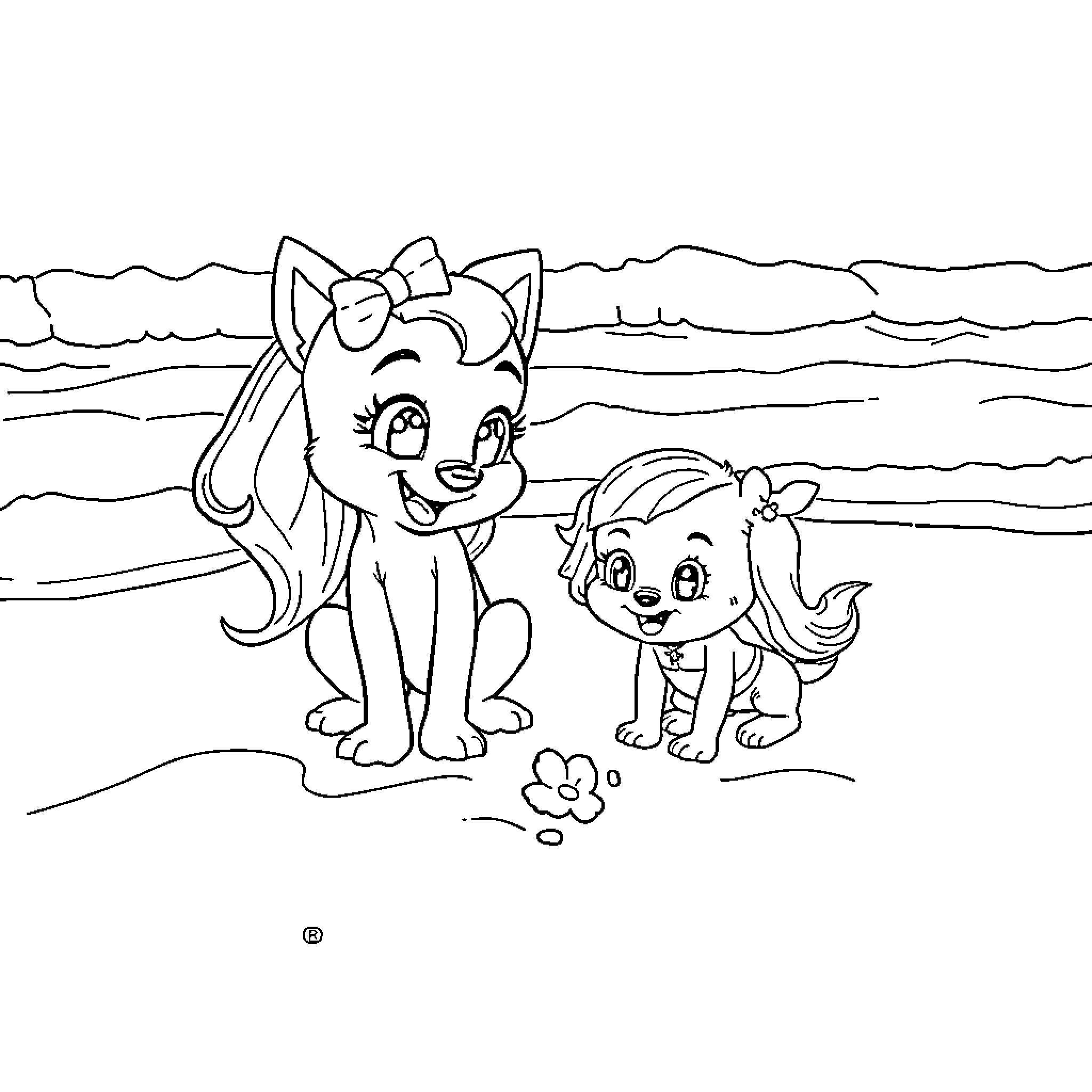 Bluey and Bingo playing on the beach Coloring Page (free black-and-white line drawing printable PDF for all, from beginners to advanced learners, including children, teens, adults, and seniors)
