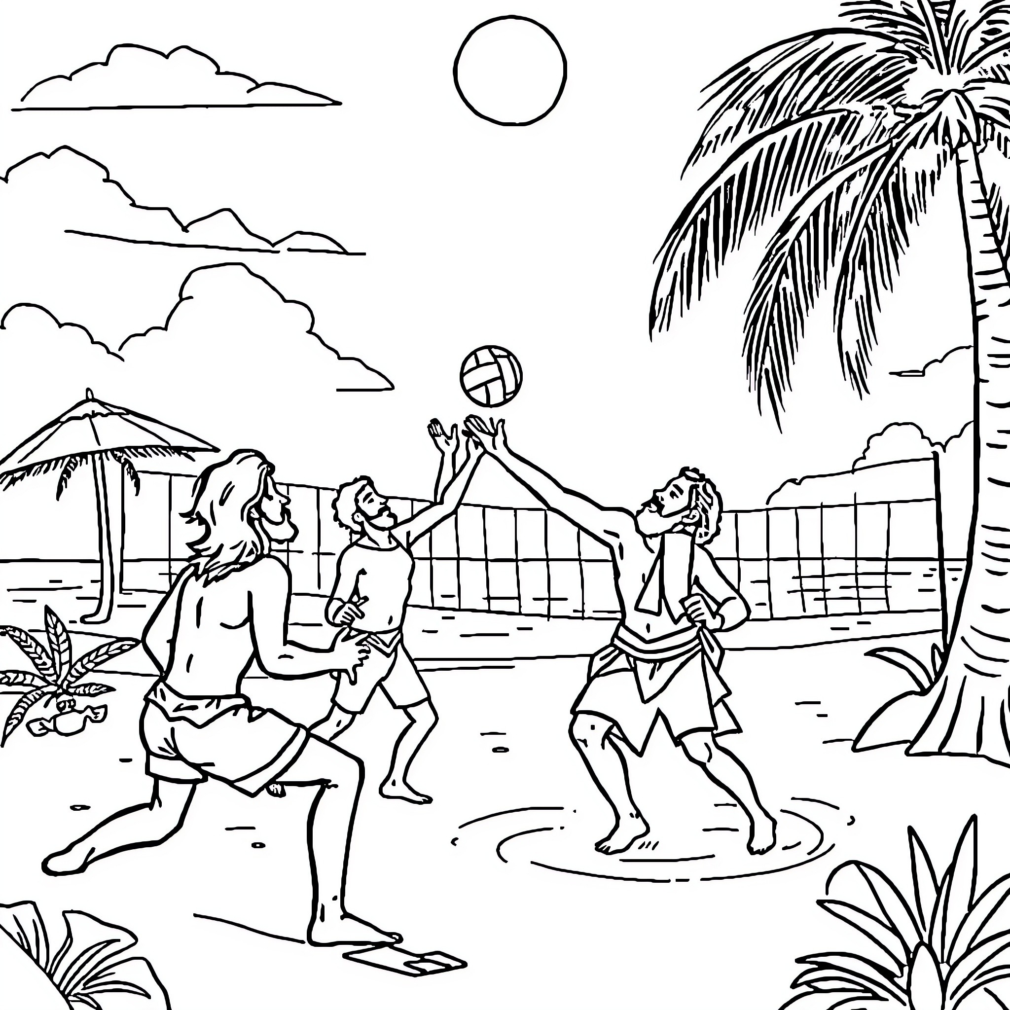 Jesus and Disciples Playing Volleyball on the Beach Coloring Page (free black-and-white line drawing printable PDF for all, from beginners to advanced learners, including children, teens, adults, and seniors)