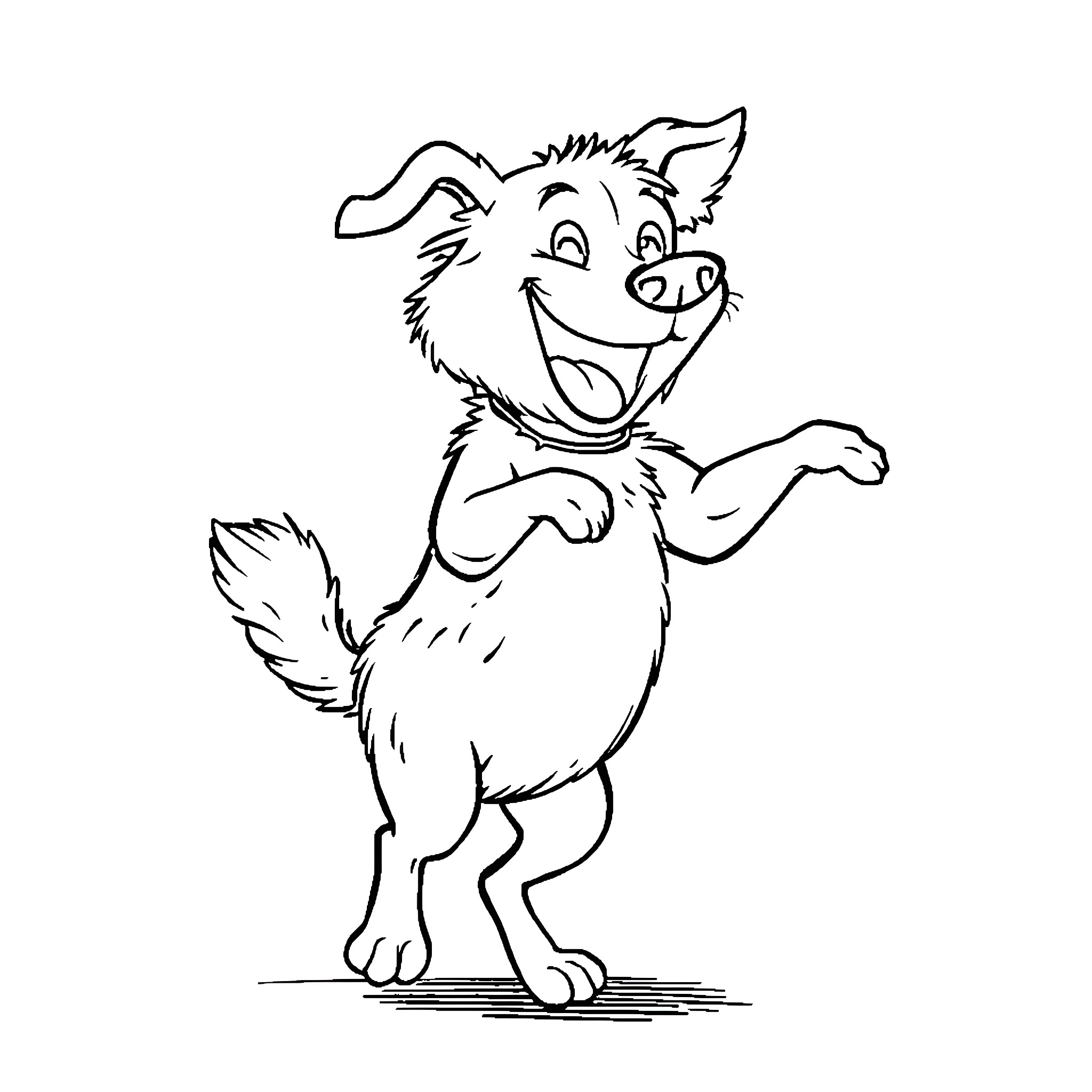 Dog happily dancing and waving Coloring Page (free black-and-white line drawing printable PDF for all, from beginners to advanced learners, including children, teens, adults, and seniors)