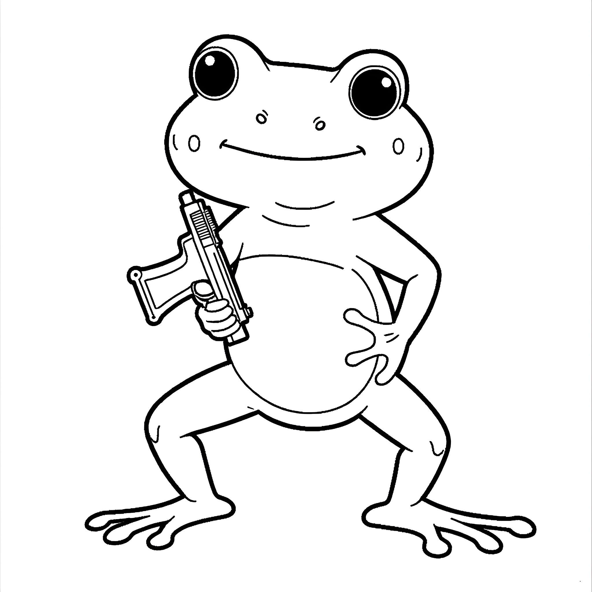 Frog playing with a toy gun Coloring Page (free black-and-white line drawing printable PDF for all, from beginners to advanced learners, including children, teens, adults, and seniors)