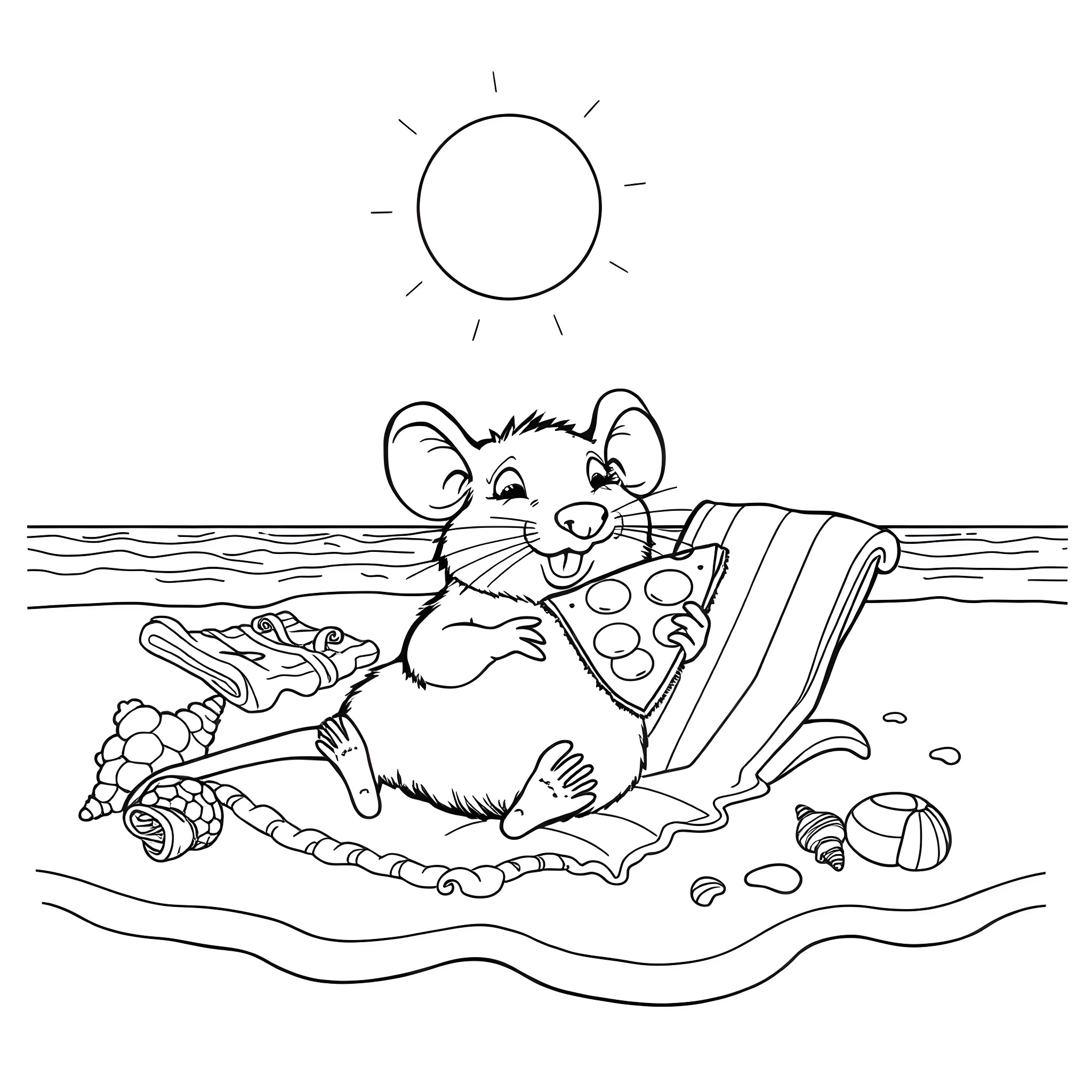 Rizzo relaxing on the beach with snacks Coloring Page (free black-and-white line drawing printable PDF for all, from beginners to advanced learners, including children, teens, adults, and seniors)