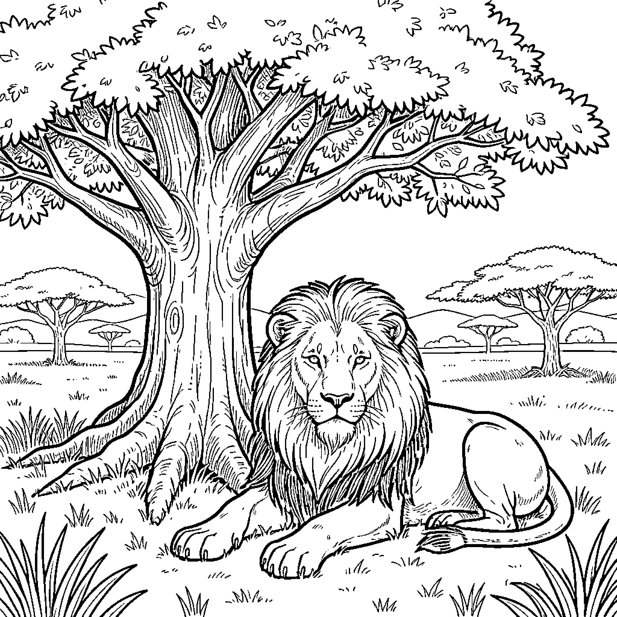 Lion resting in the wild savanna Coloring Page (free black-and-white line drawing printable PDF for all, from beginners to advanced learners, including children, teens, adults, and seniors)