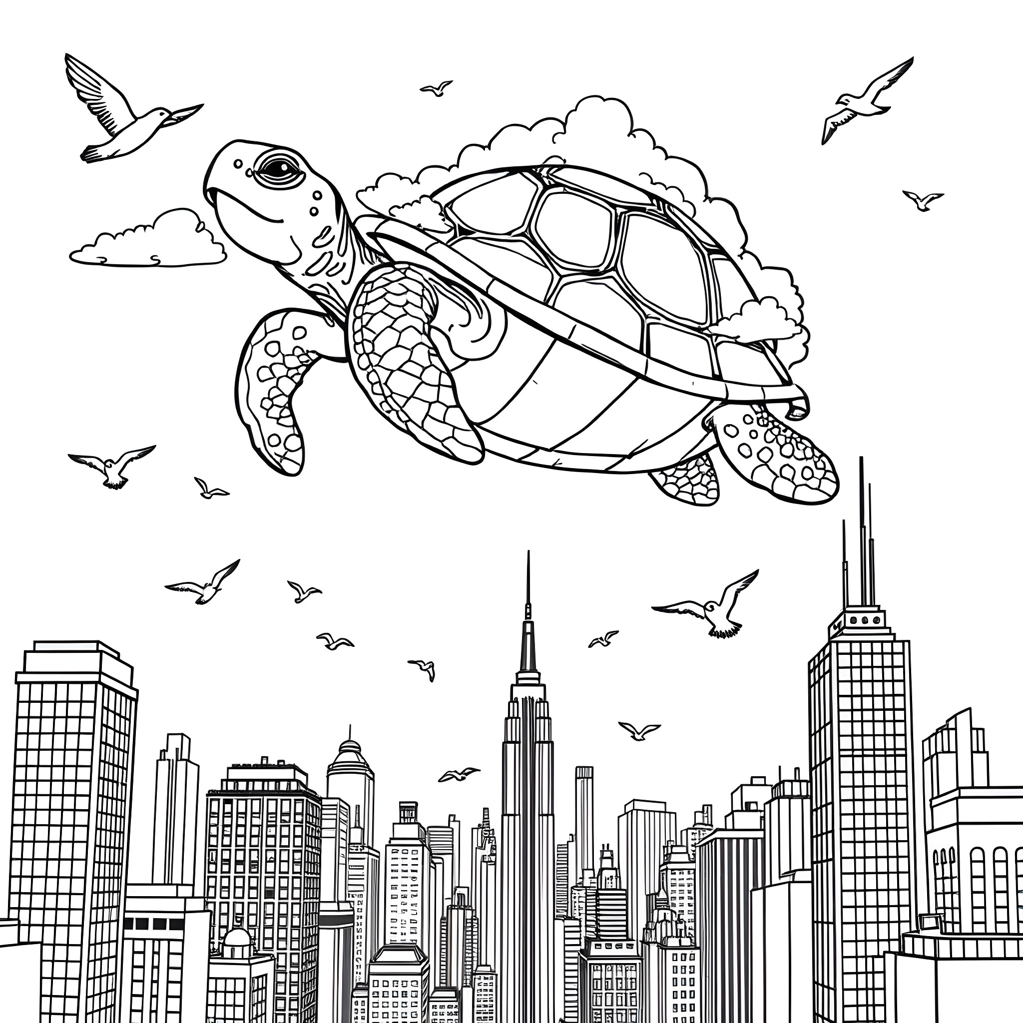 Turtle soaring through the cityscape with birds Coloring Page (free black-and-white line drawing printable PDF for all, from beginners to advanced learners, including children, teens, adults, and seniors)