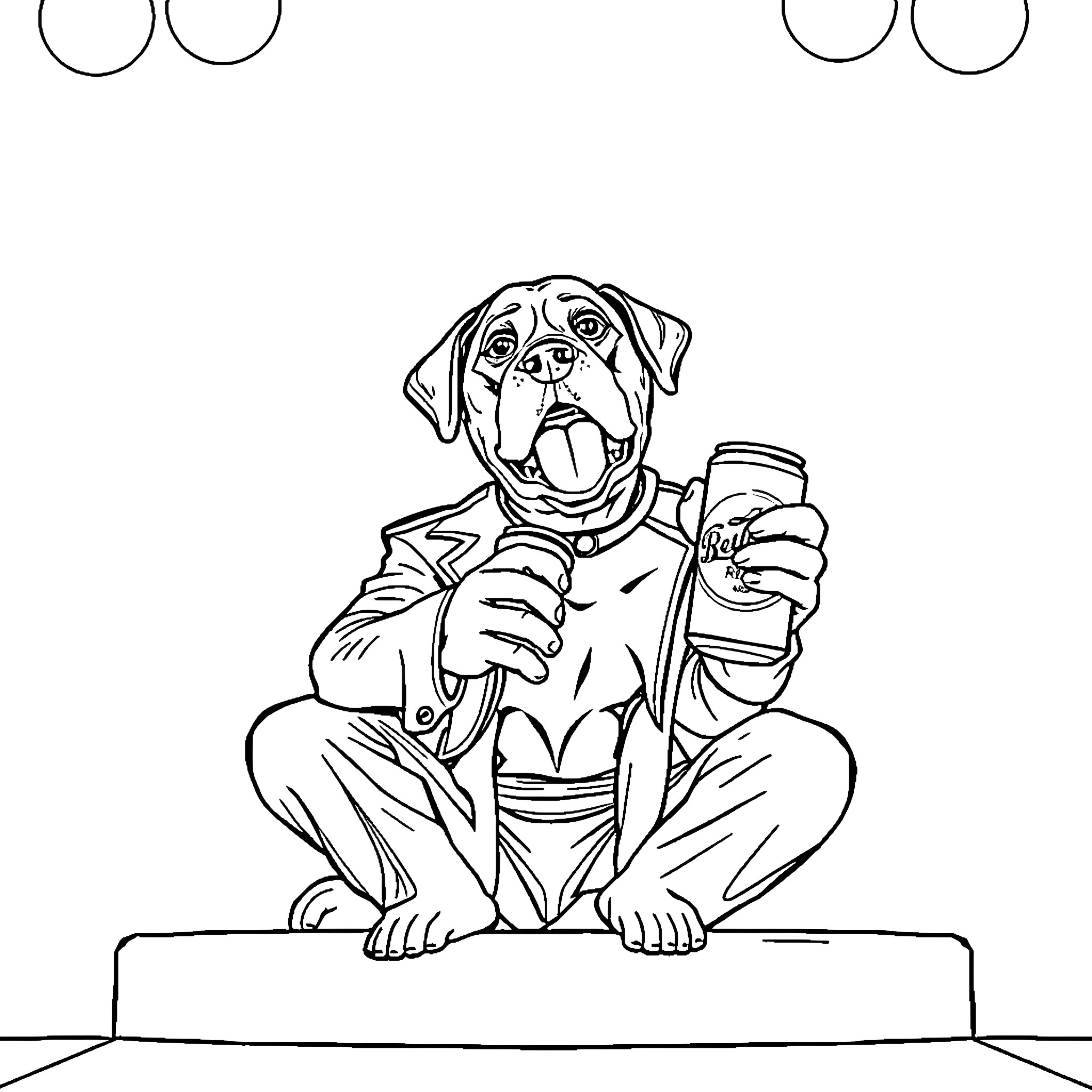 Freddie Mercury the Energetic Dog Enjoying a Refreshing Drink Coloring Page (free black-and-white line drawing printable PDF for all, from beginners to advanced learners, including children, teens, adults, and seniors)