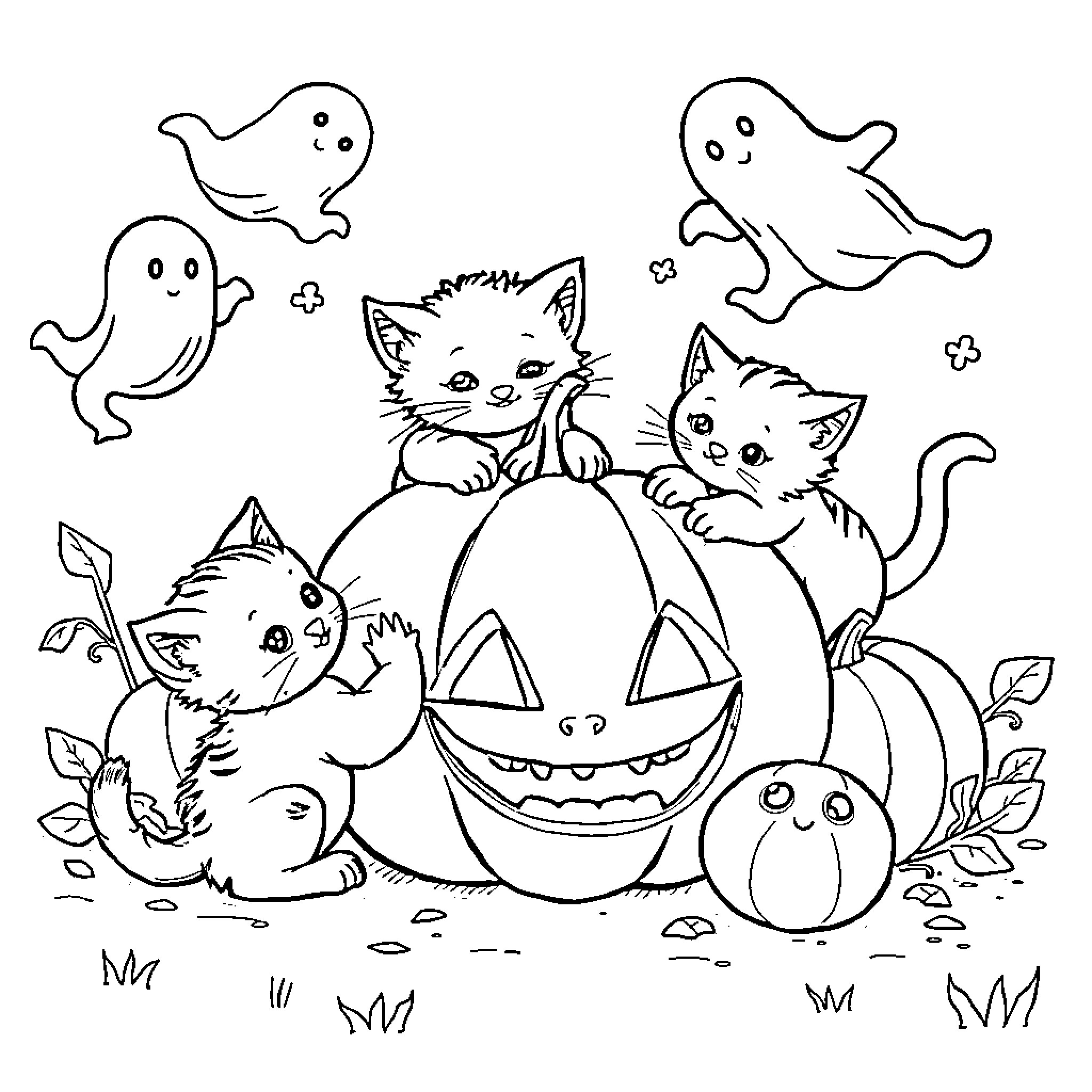 Kittens playing with Halloween pumpkins and ghosts Coloring Page (free black-and-white line drawing printable PDF for all, from beginners to advanced learners, including children, teens, adults, and seniors)