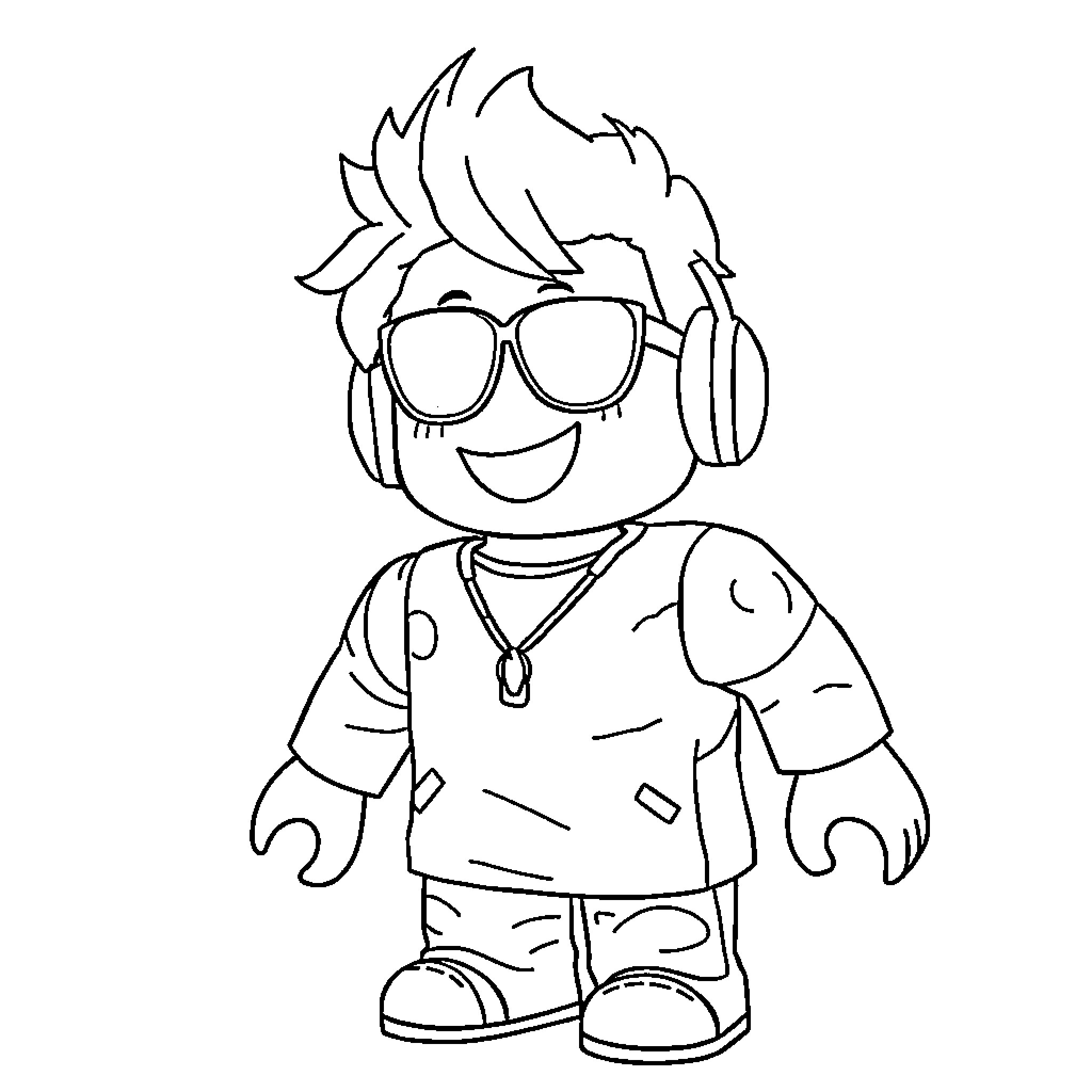 Roblox character wearing sunglasses and headphones Coloring Page (free black-and-white line drawing printable PDF for all, from beginners to advanced learners, including children, teens, adults, and seniors)