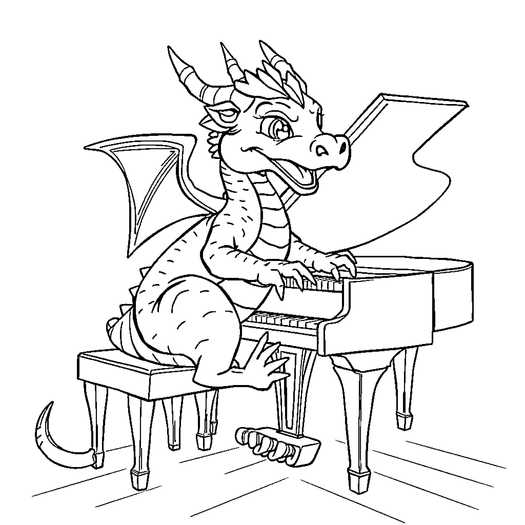 Dragon playing joyfully on grand piano Coloring Page (free black-and-white line drawing printable PDF for all, from beginners to advanced learners, including children, teens, adults, and seniors)