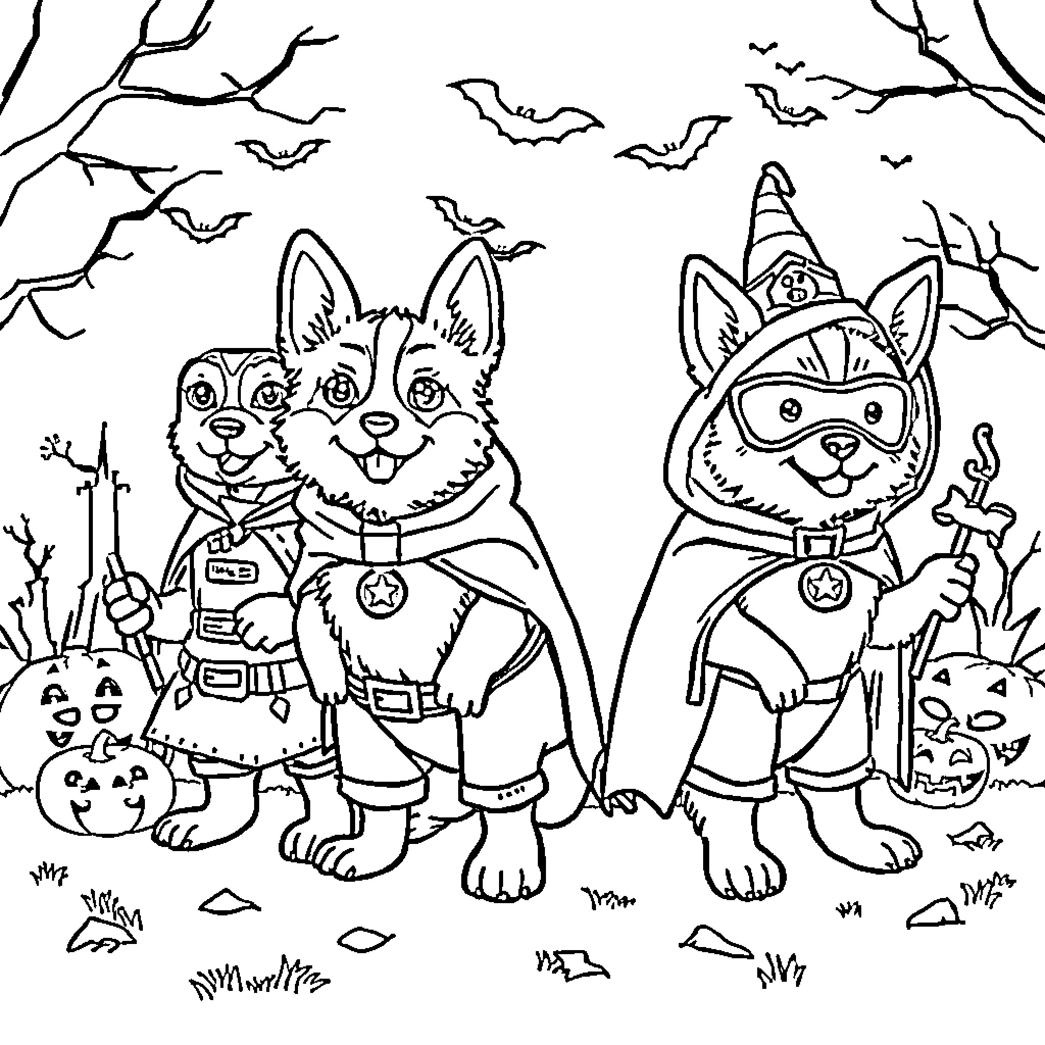 Paw Patrol pups in Halloween costumes Coloring Page (free black-and-white line drawing printable PDF for all, from beginners to advanced learners, including children, teens, adults, and seniors)