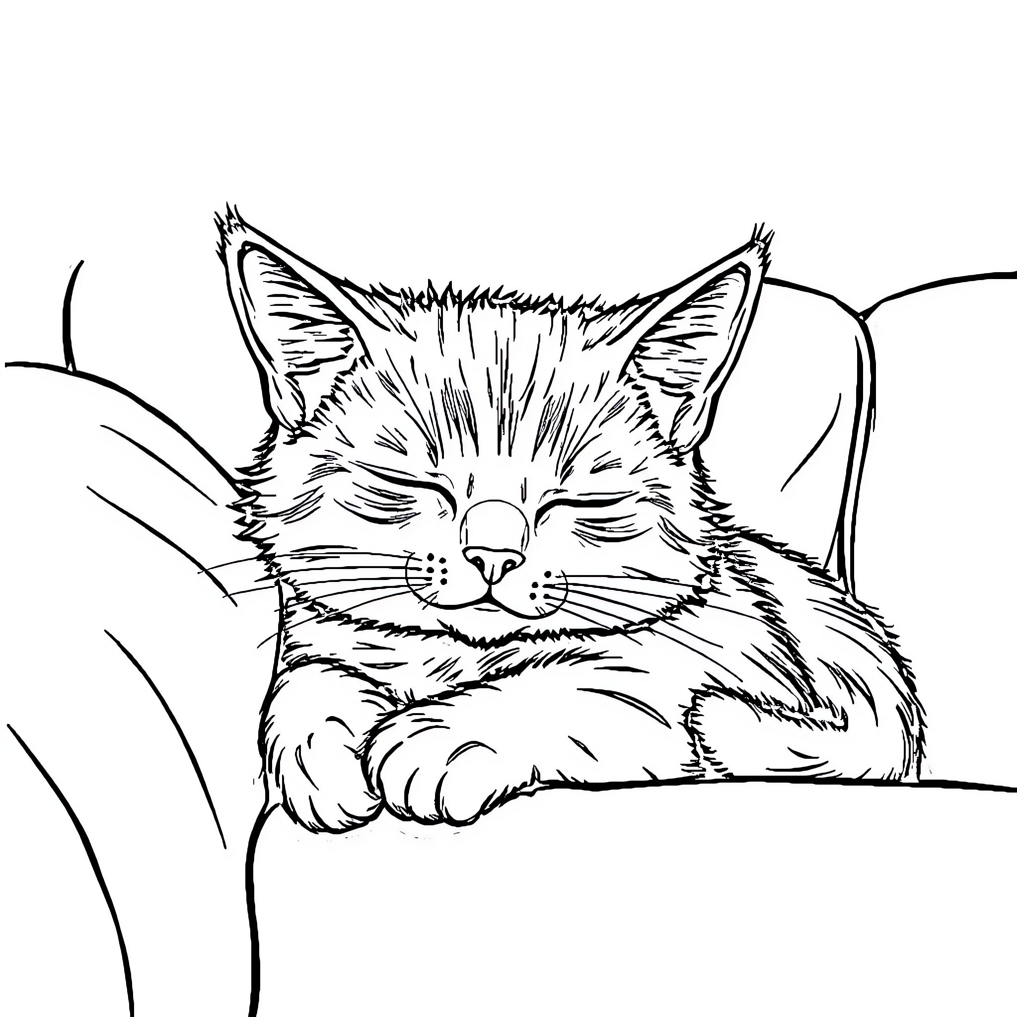 Cat napping contentedly on a cushion Coloring Page (free black-and-white line drawing printable PDF for all, from beginners to advanced learners, including children, teens, adults, and seniors)