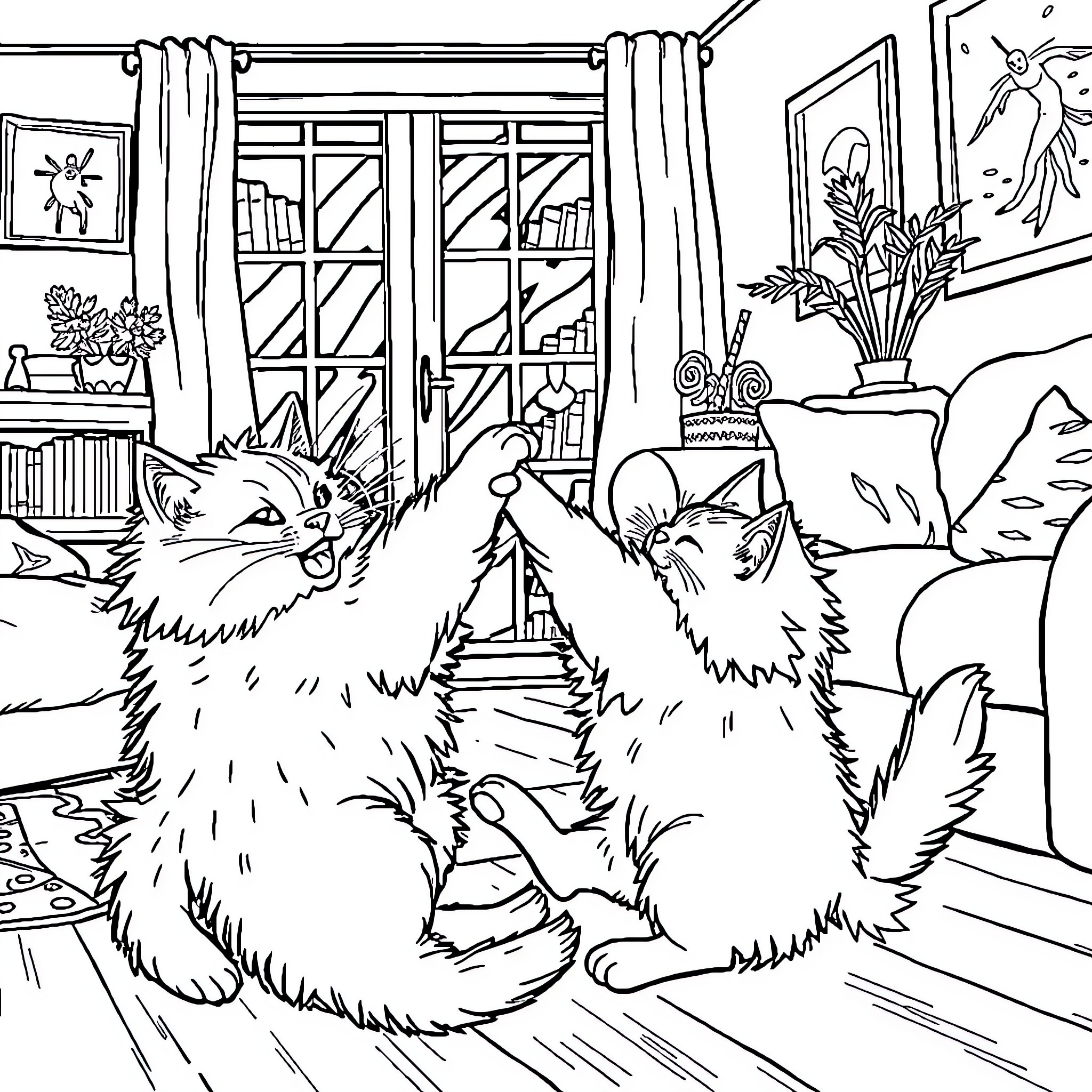 Cats resting in cozy indoor setting Coloring Page (free black-and-white line drawing printable PDF for all, from beginners to advanced learners, including children, teens, adults, and seniors)