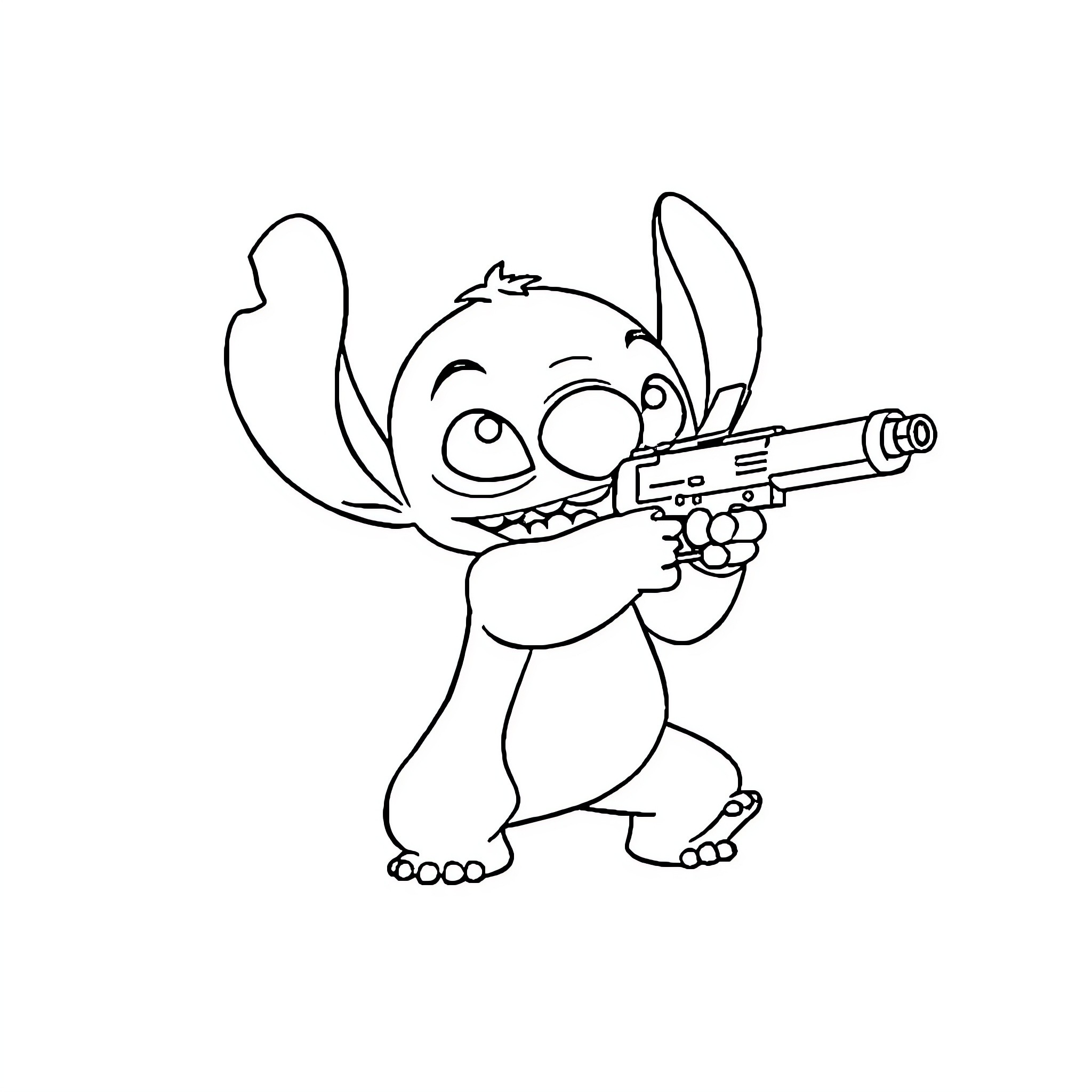 Stitch playfully wielding a blaster Coloring Page (free black-and-white line drawing printable PDF for all, from beginners to advanced learners, including children, teens, adults, and seniors)