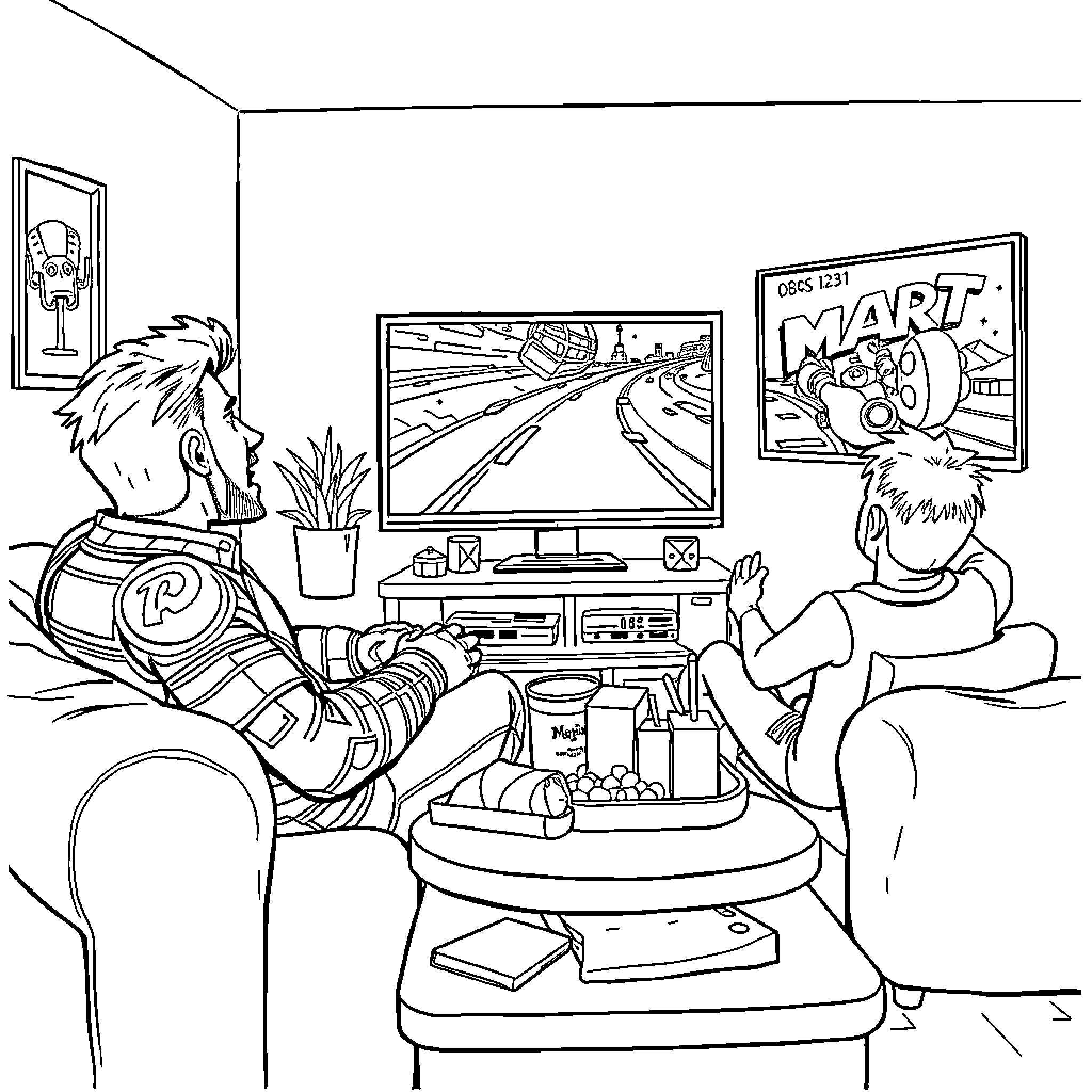 Bucky Barnes playing video games with friends in cozy living room Coloring Page (free black-and-white line drawing printable PDF for all, from beginners to advanced learners, including children, teens, adults, and seniors)