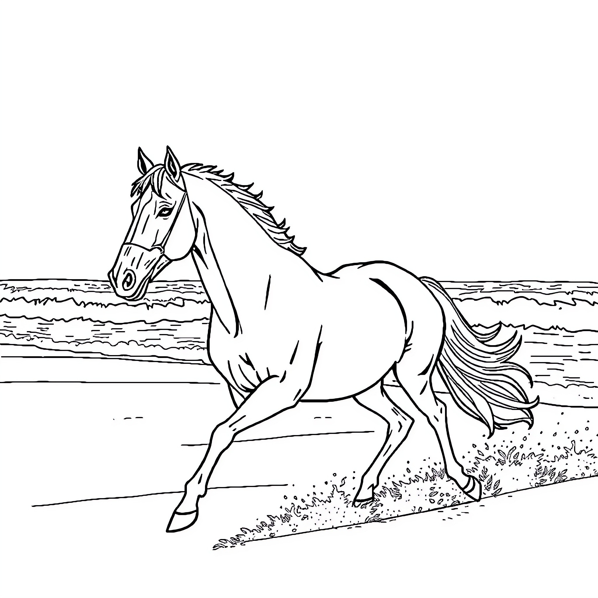 Horse galloping freely on the open field Coloring Page (free black-and-white line drawing printable PDF for all, from beginners to advanced learners, including children, teens, adults, and seniors)