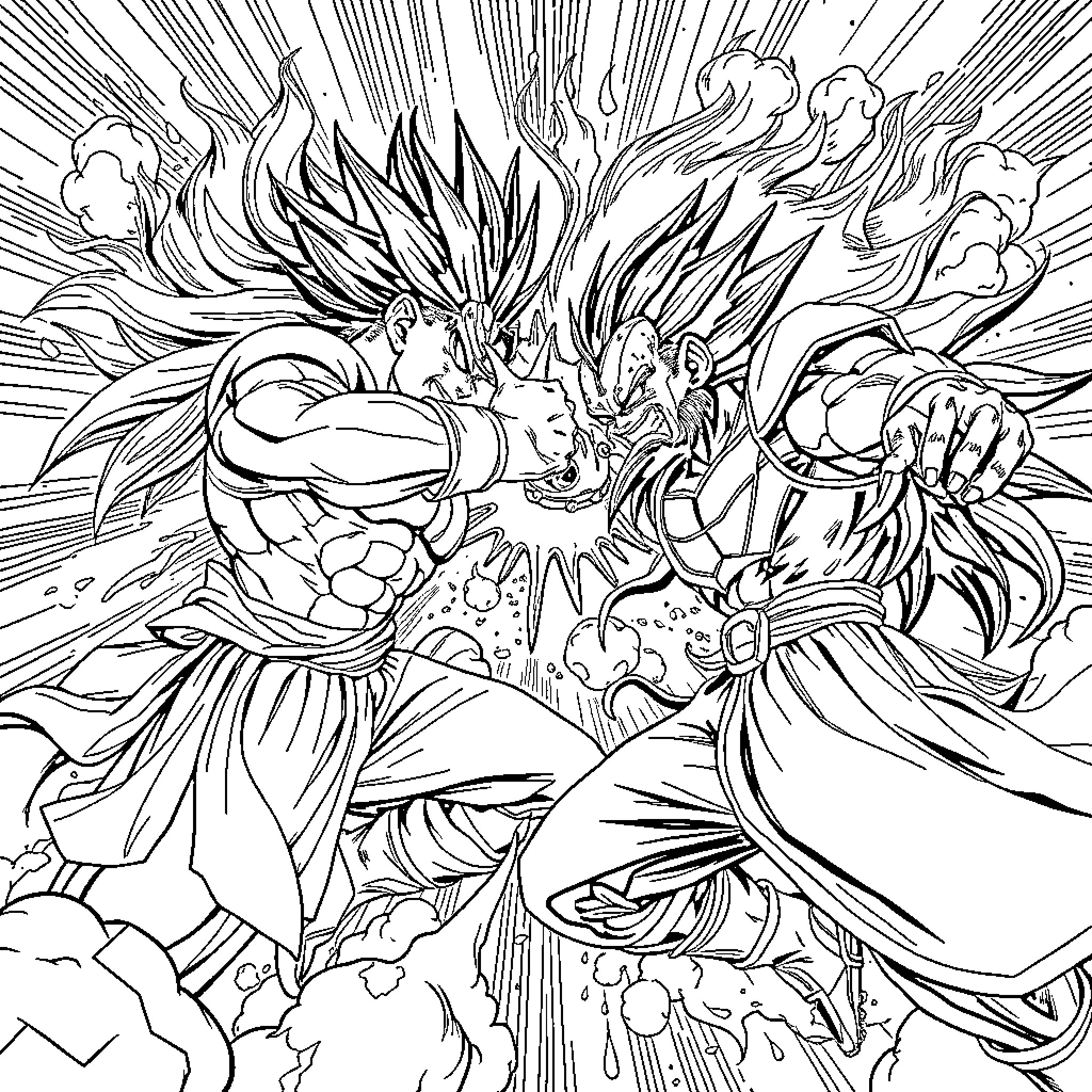 Anime Character Fierce Battle with Explosive Clash Coloring Page (free black-and-white line drawing printable PDF for all, from beginners to advanced learners, including children, teens, adults, and seniors)