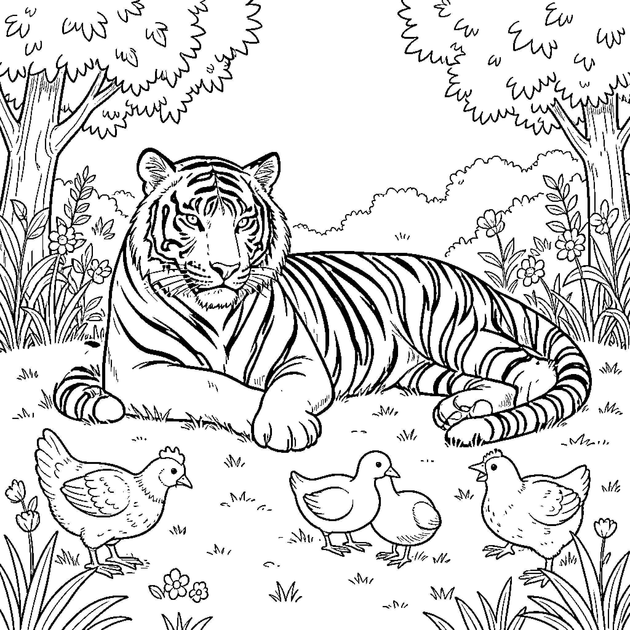 Tiger Resting Peacefully in the Wild Coloring Page (free black-and-white line drawing printable PDF for all, from beginners to advanced learners, including children, teens, adults, and seniors)