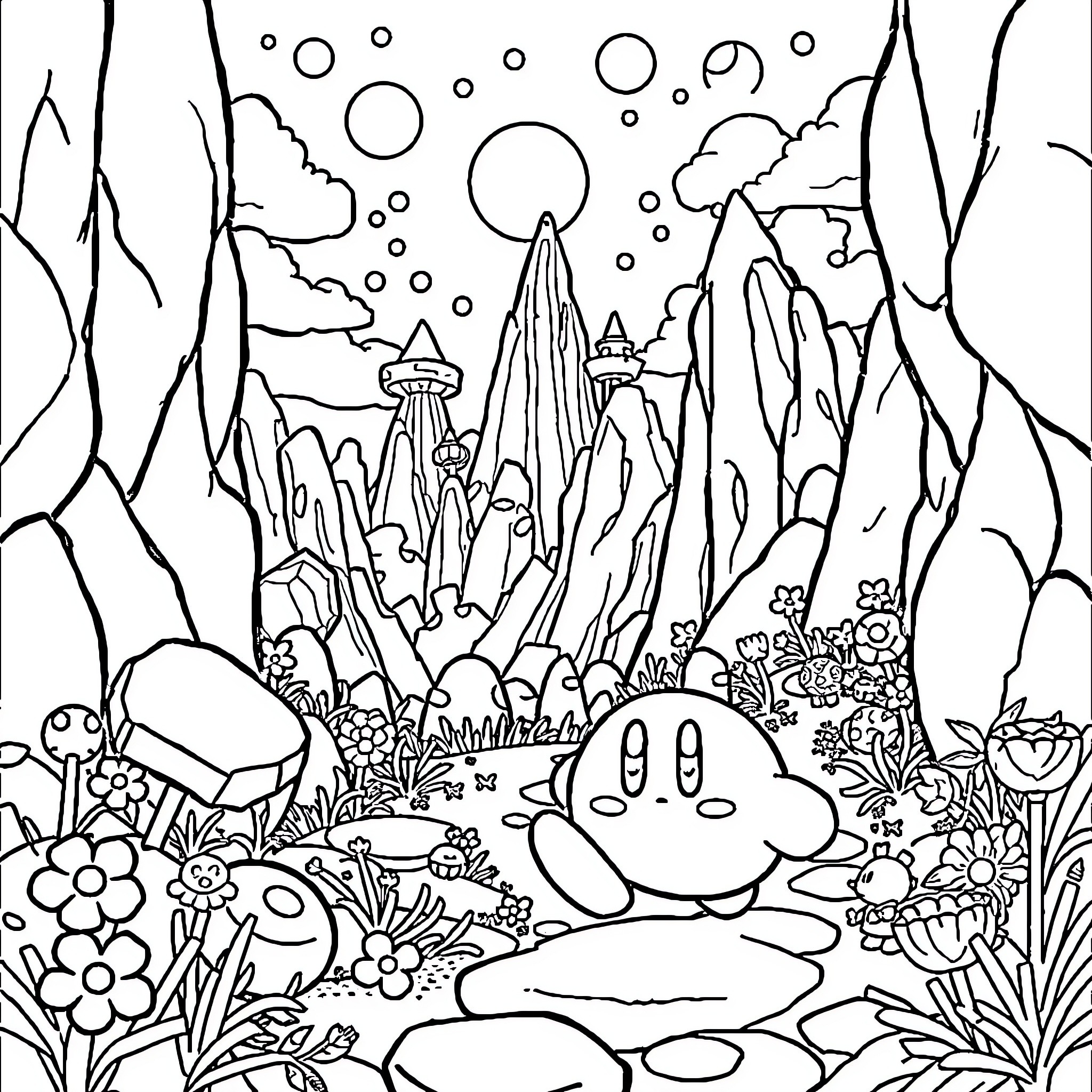 Kirby's Mystical Adventure in a Fantastical Landscape Coloring Page (free black-and-white line drawing printable PDF for all, from beginners to advanced learners, including children, teens, adults, and seniors)