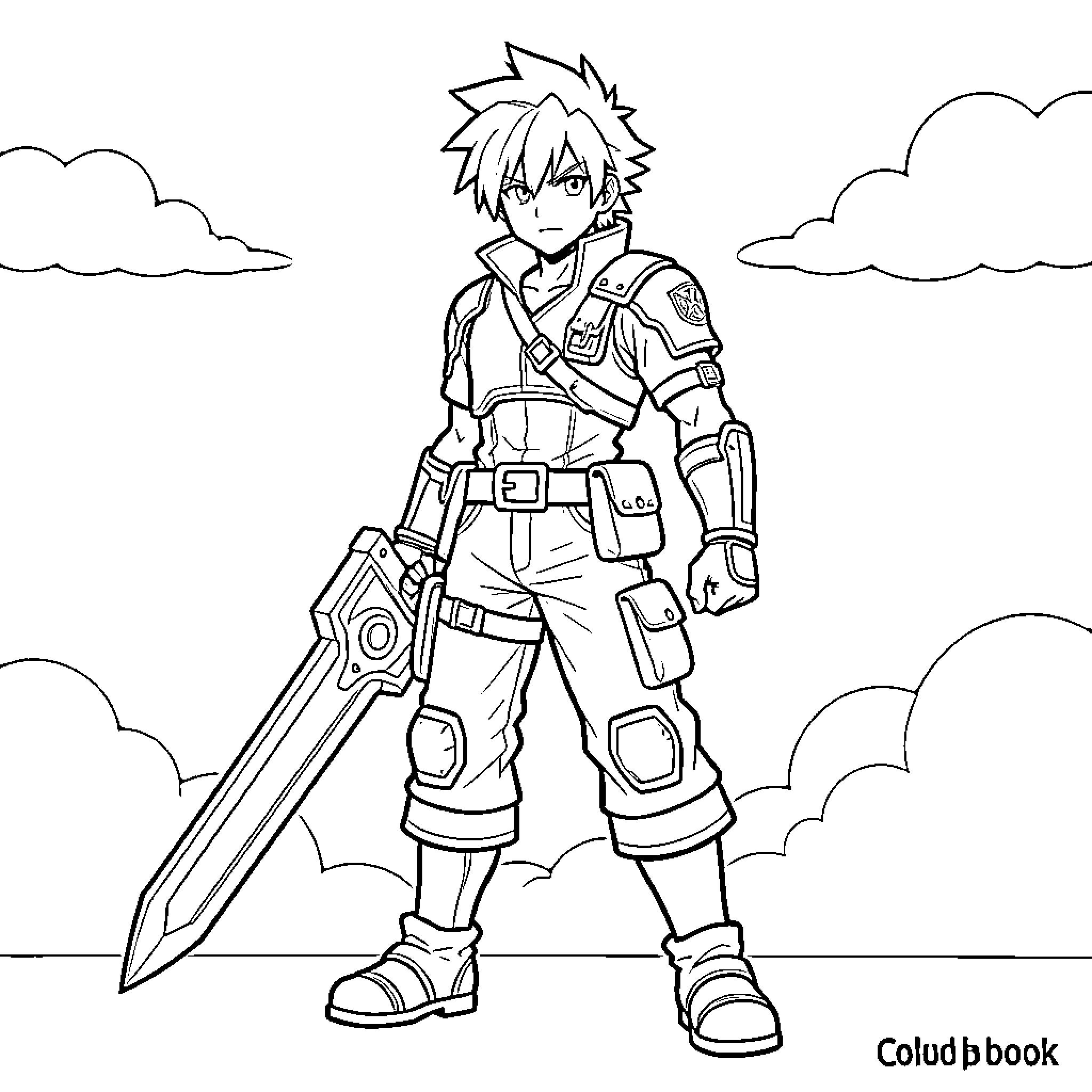 Cloud Warrior Stands Tall in the Sky Coloring Page (free black-and-white line drawing printable PDF for all, from beginners to advanced learners, including children, teens, adults, and seniors)