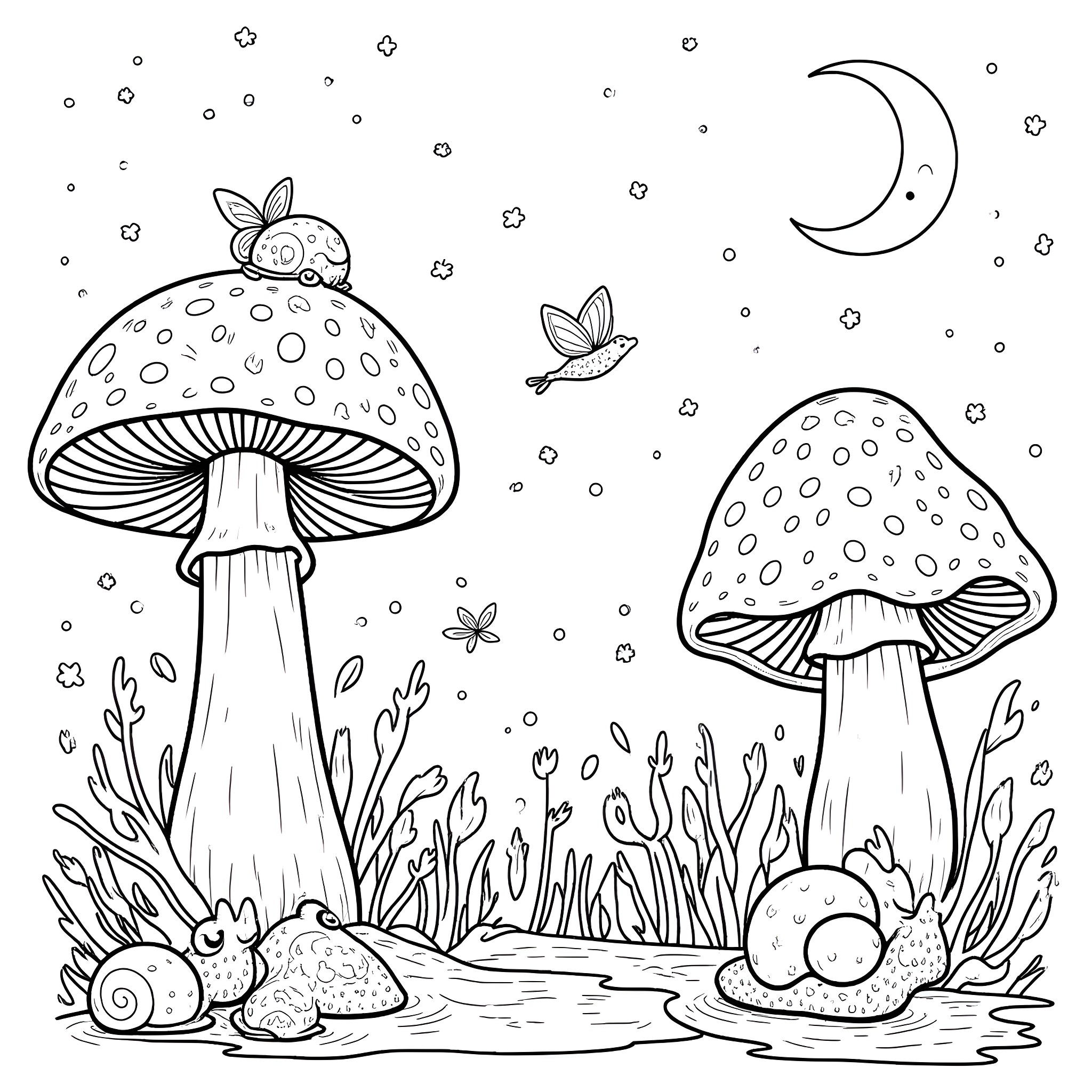 Mushroom fantasy world with stars and moon Coloring Page (free black-and-white line drawing printable PDF for all, from beginners to advanced learners, including children, teens, adults, and seniors)