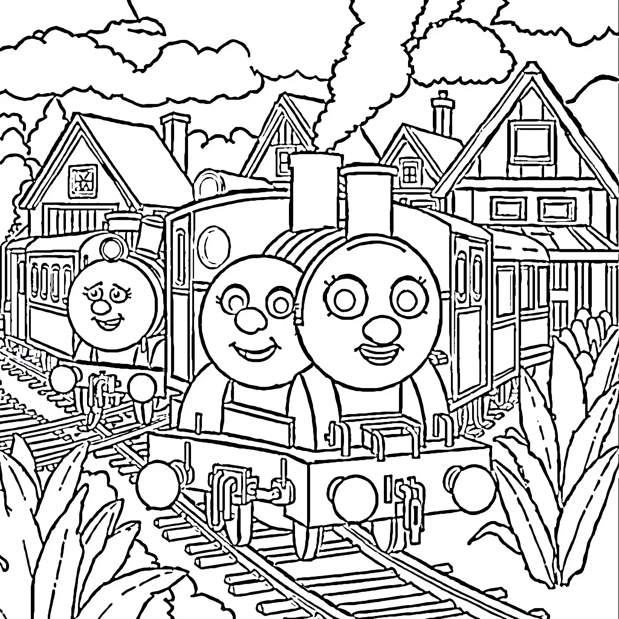 Chuggington trains on the railroad tracks Coloring Page (free black-and-white line drawing printable PDF for all, from beginners to advanced learners, including children, teens, adults, and seniors)