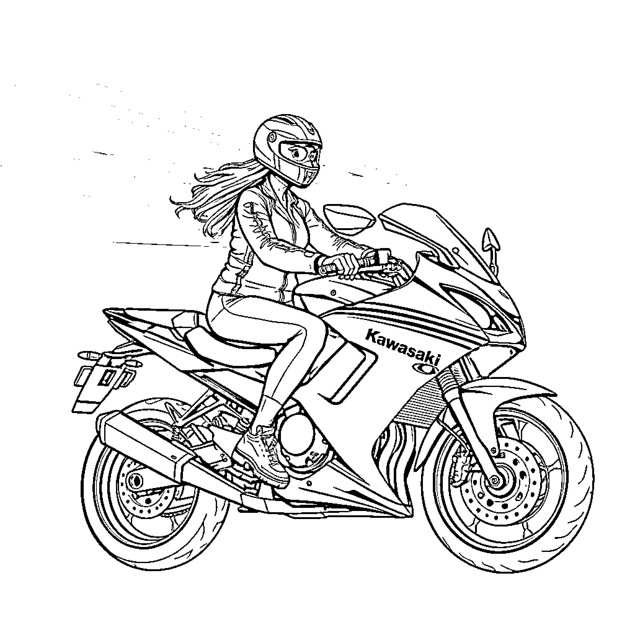 Rider on a speeding motorcycle Coloring Page (free black-and-white line drawing printable PDF for all, from beginners to advanced learners, including children, teens, adults, and seniors)