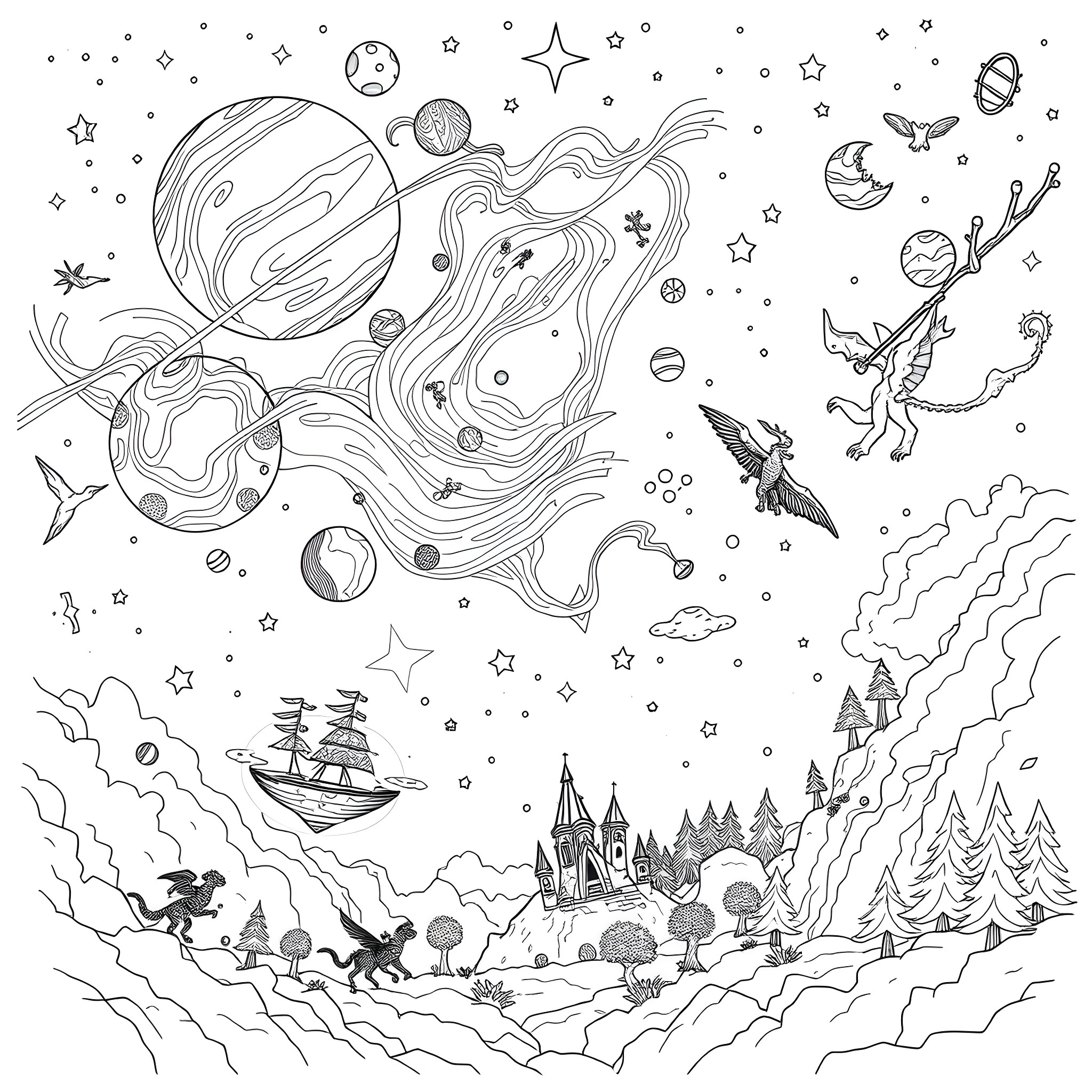 Galaxy of Enchanted Wonders Coloring Page (free black-and-white line drawing printable PDF for all, from beginners to advanced learners, including children, teens, adults, and seniors)
