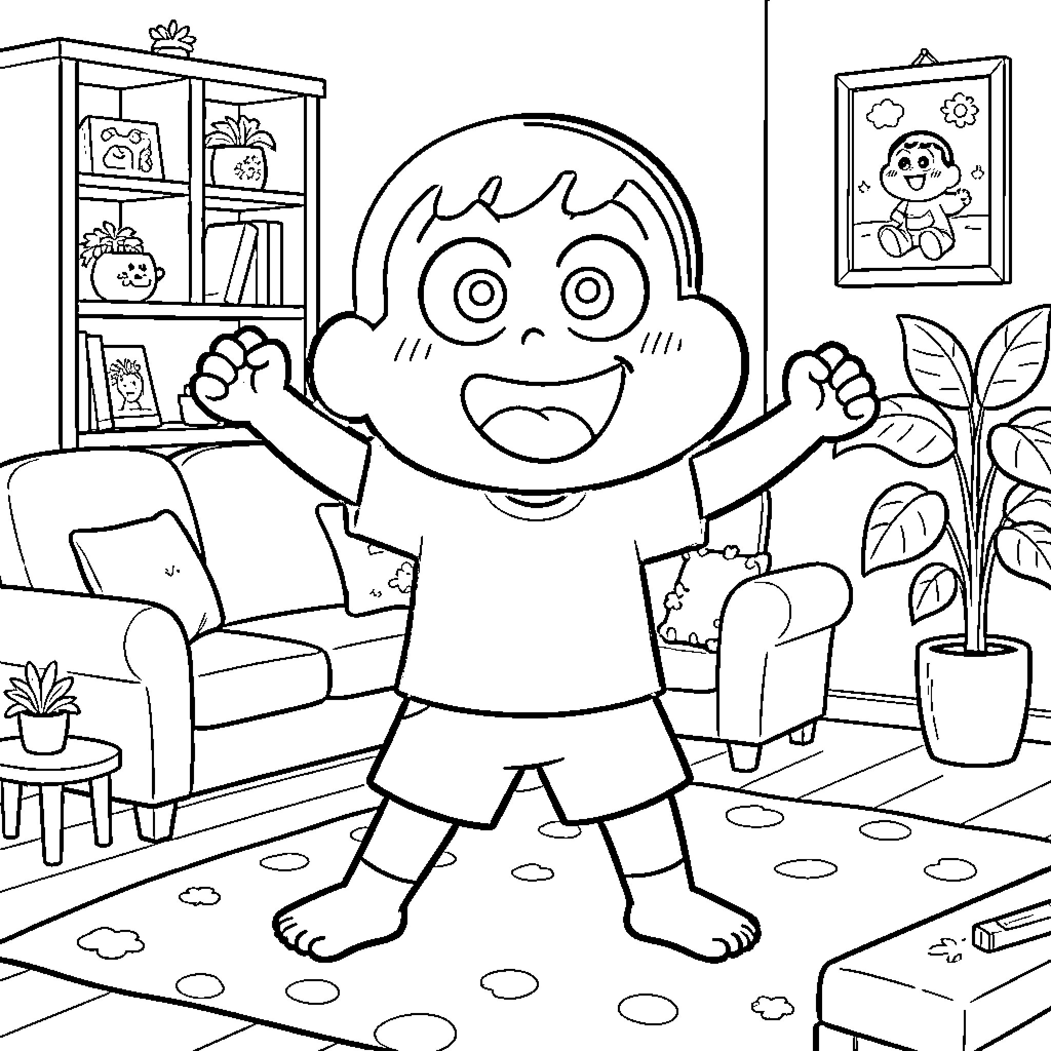 Shinchan's Joyful Home Adventure Coloring Page (free black-and-white line drawing printable PDF for all, from beginners to advanced learners, including children, teens, adults, and seniors)