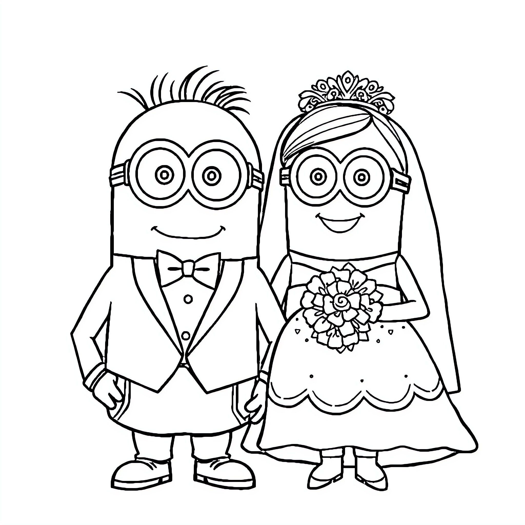 Minions get married in a formal ceremony Coloring Page (free black-and-white line drawing printable PDF for all, from beginners to advanced learners, including children, teens, adults, and seniors)