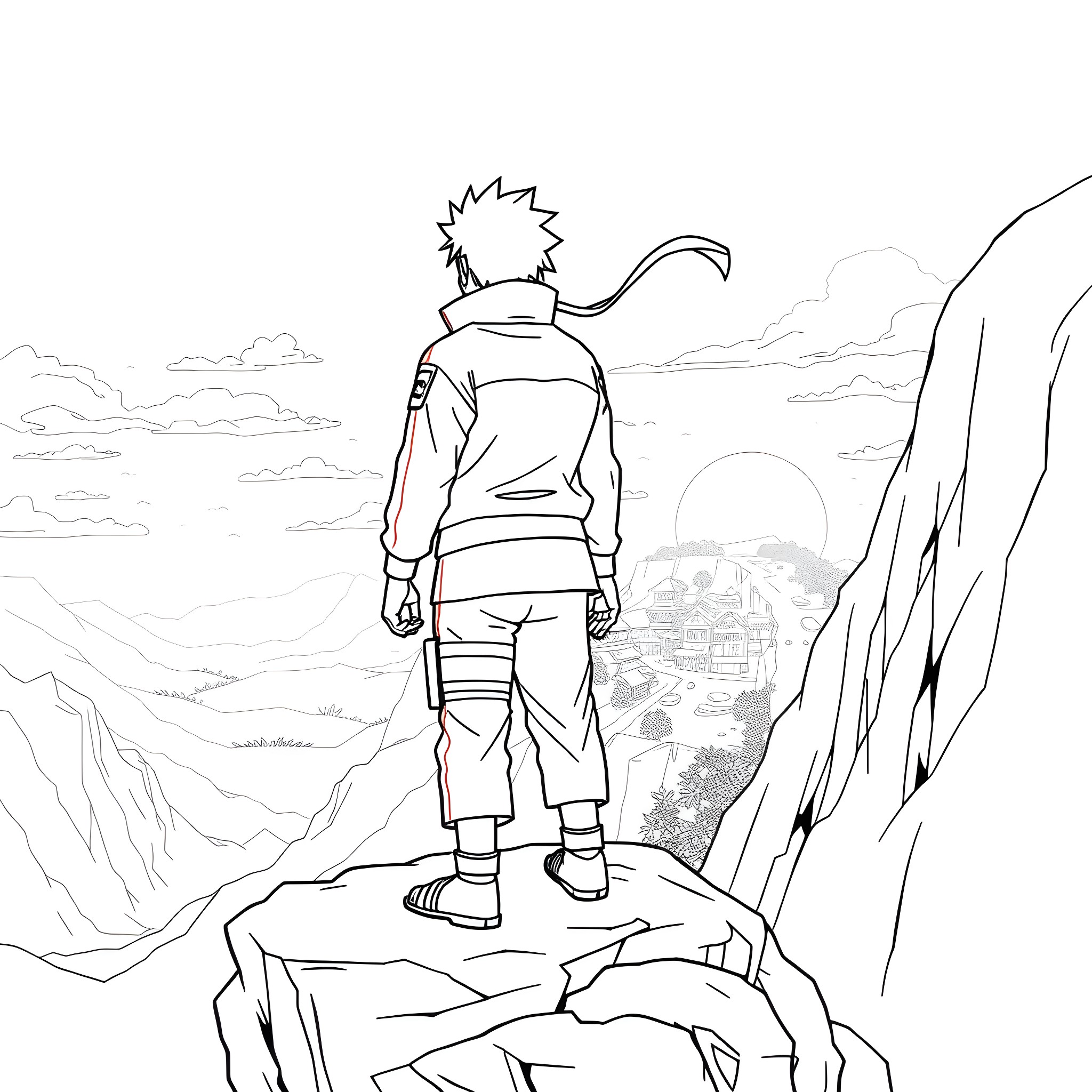 Naruto Standing Atop a Cliff Overlooking the Village Coloring Page (free black-and-white line drawing printable PDF for all, from beginners to advanced learners, including children, teens, adults, and seniors)