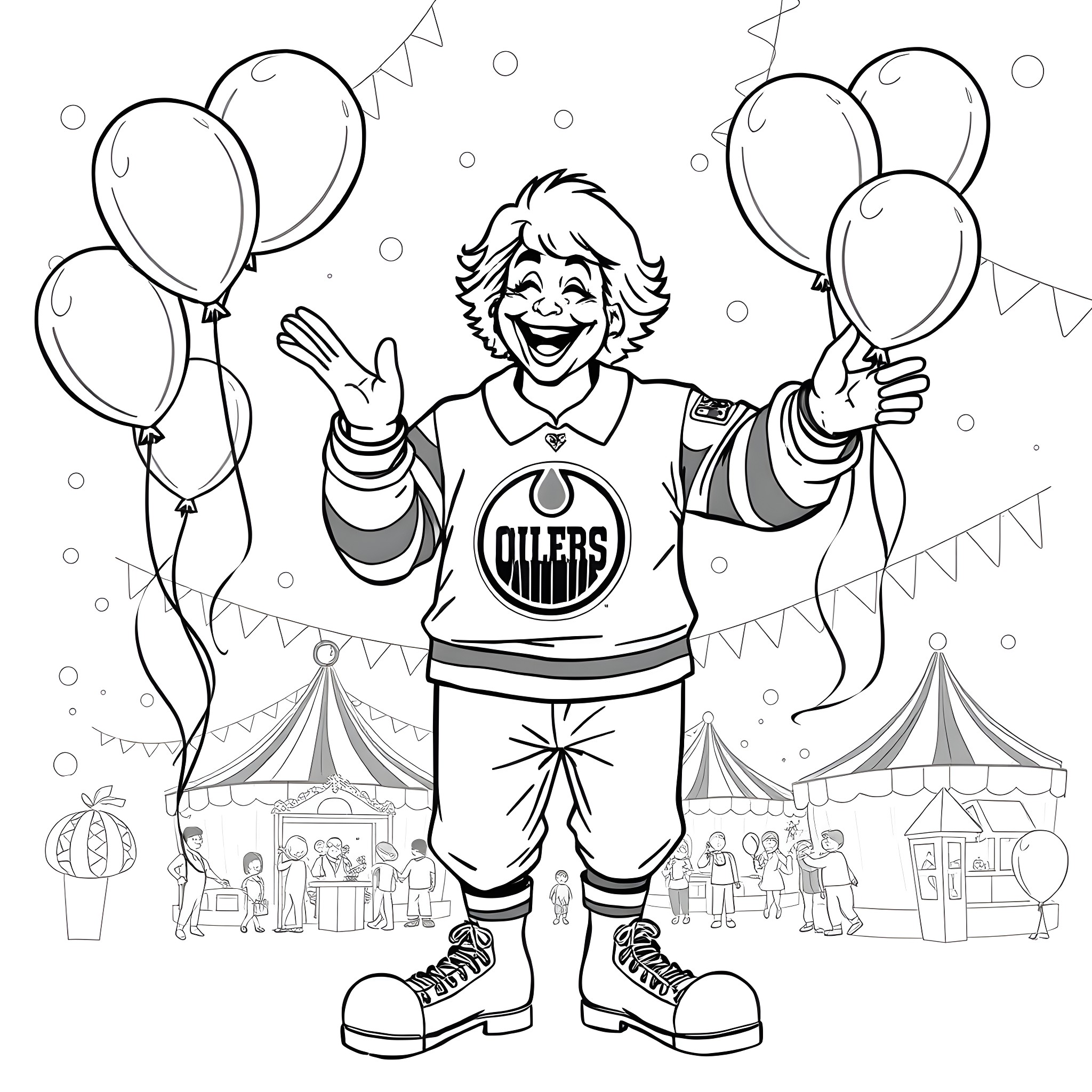 Ronald McDonald celebrating at a carnival with balloons Coloring Page (free black-and-white line drawing printable PDF for all, from beginners to advanced learners, including children, teens, adults, and seniors)